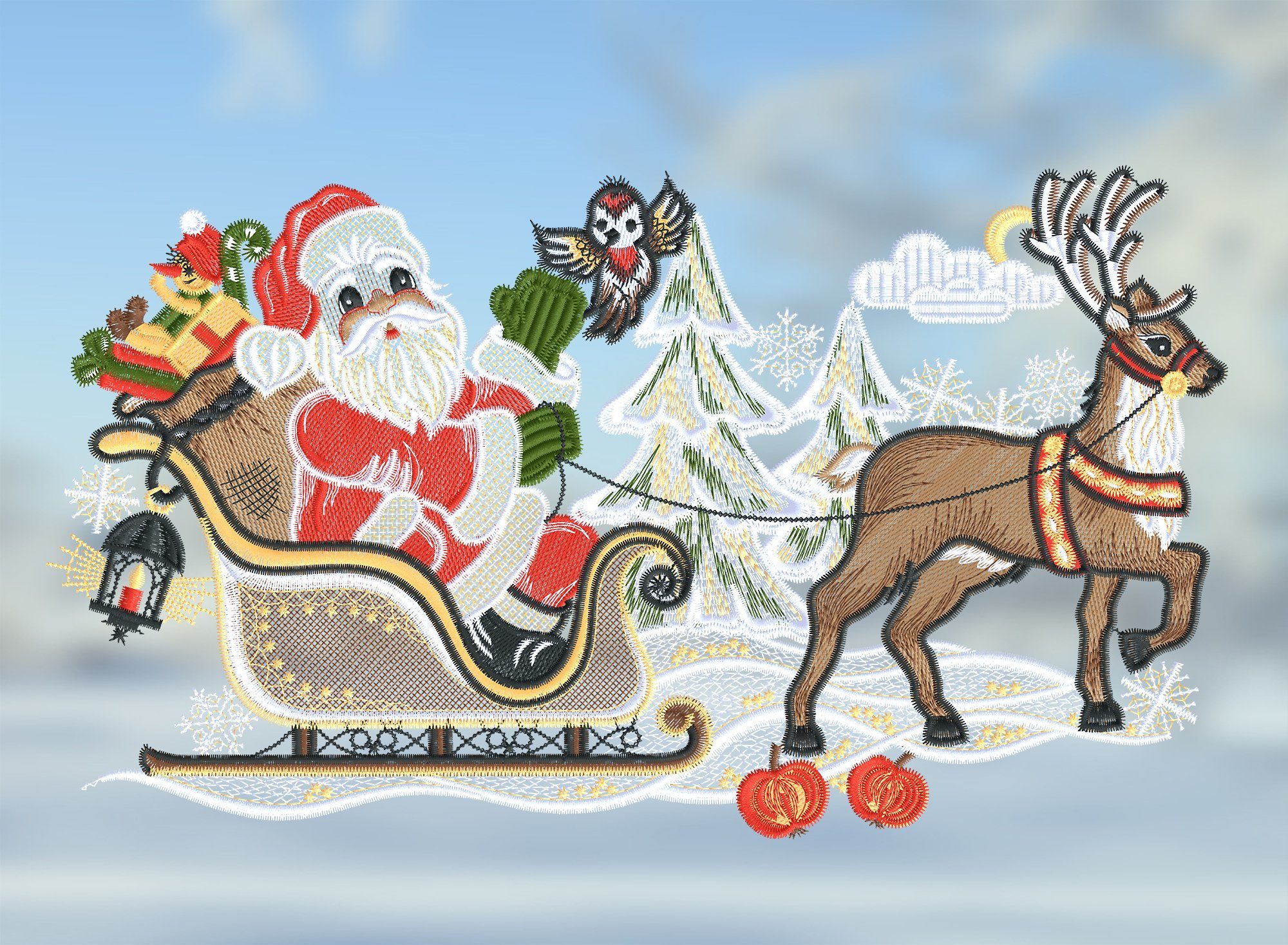 Plauener Spitze® Fensterbild Weihnachtsmann mit Schlitten günstig online kaufen