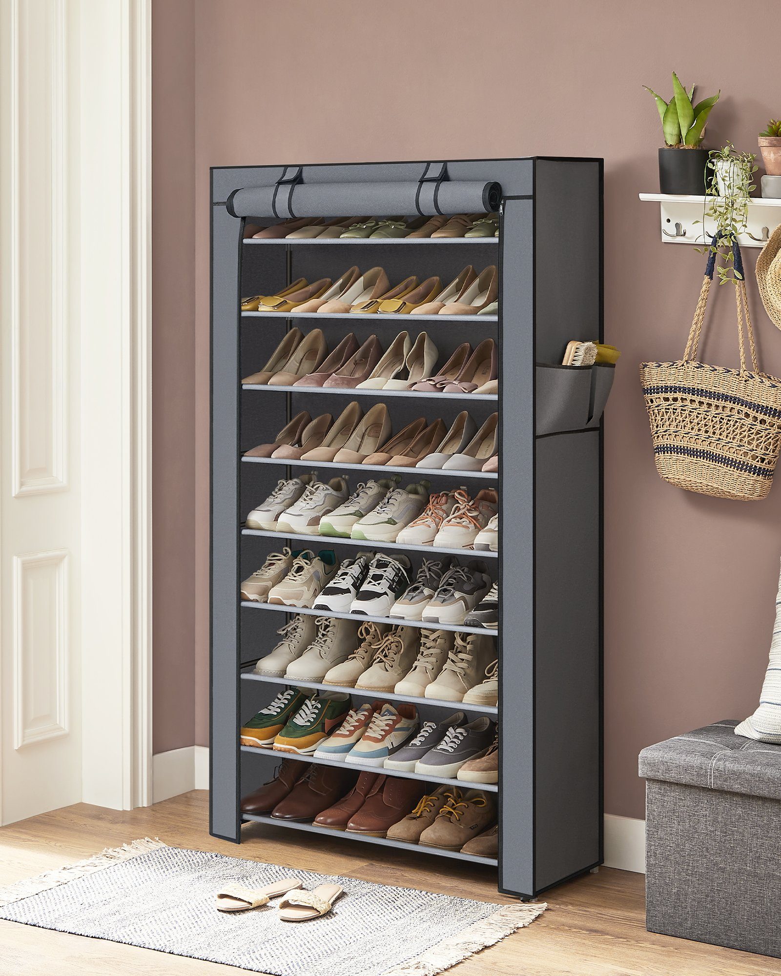 SONGMICS Schuhregal 10 Ebenen, Schuhschrank, Schuh-Organizer, für High Heels, Sportschuhe, 28x84x160 cm, Schuhaufbewahrung, staubdichtem Überzug, Metallgestell