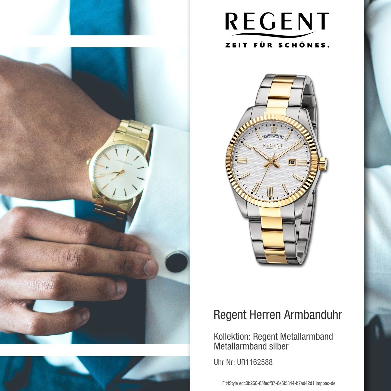Regent Quarzuhr Regent Herren Armbanduhr Herrenuhr rundes (ca. gold, Analog, groß Metallarmband silber, Gehäuse, 40mm)