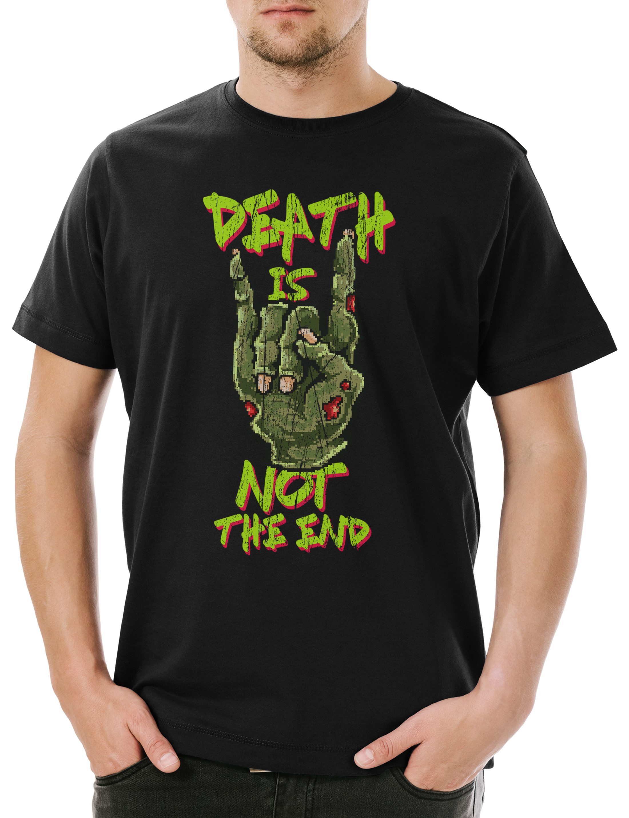 Print-Shirt Death Is Not The End Herren T-Shirt Geek Nerd Dead Metal Hand Fist