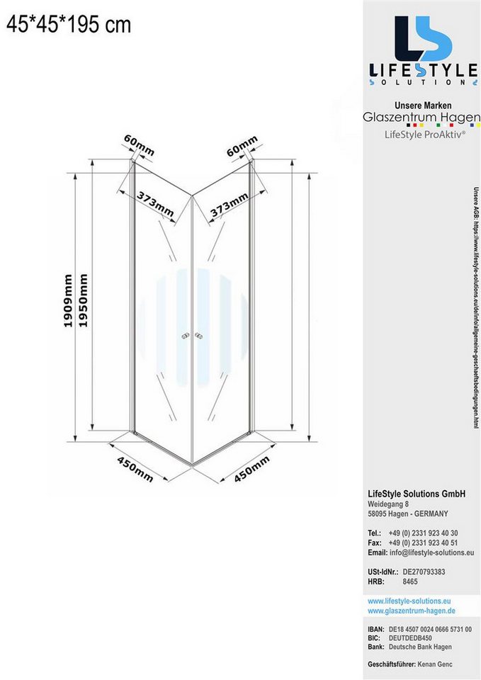 Thumbnail - Glaszentrum Hagen Eckdusche Glaszentrum Hagen - 45x45x195cm - Eck Duschkabine - Dusche - sondergrö