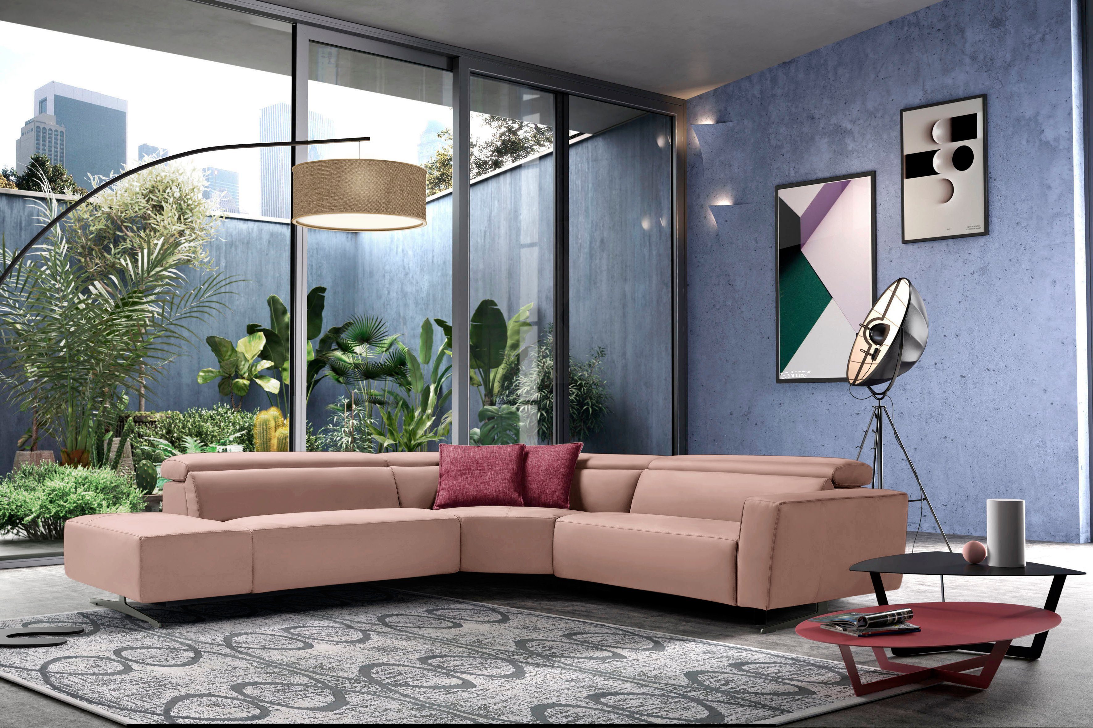 Egoitaliano Ecksofa Stefanie-e, Designsofa der Extraklasse, bequem mit hohem Sitzkomfort, mit Relaxfunktion und verstellbaren Kopfteilelementen