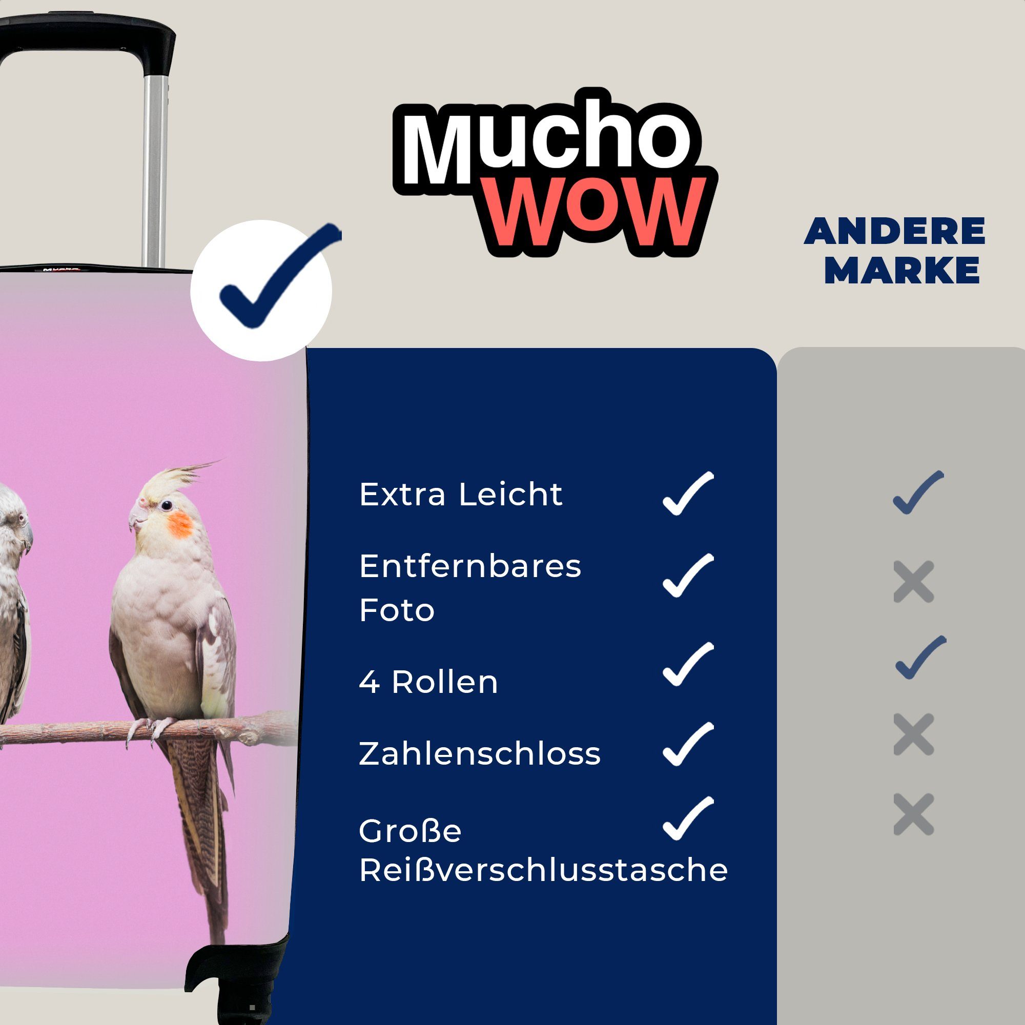 Sittich mit Reisetasche Zweig Handgepäck - MuchoWow Ferien, für Reisekoffer Rosa, - Rollen, rollen, Trolley, 4 Handgepäckkoffer