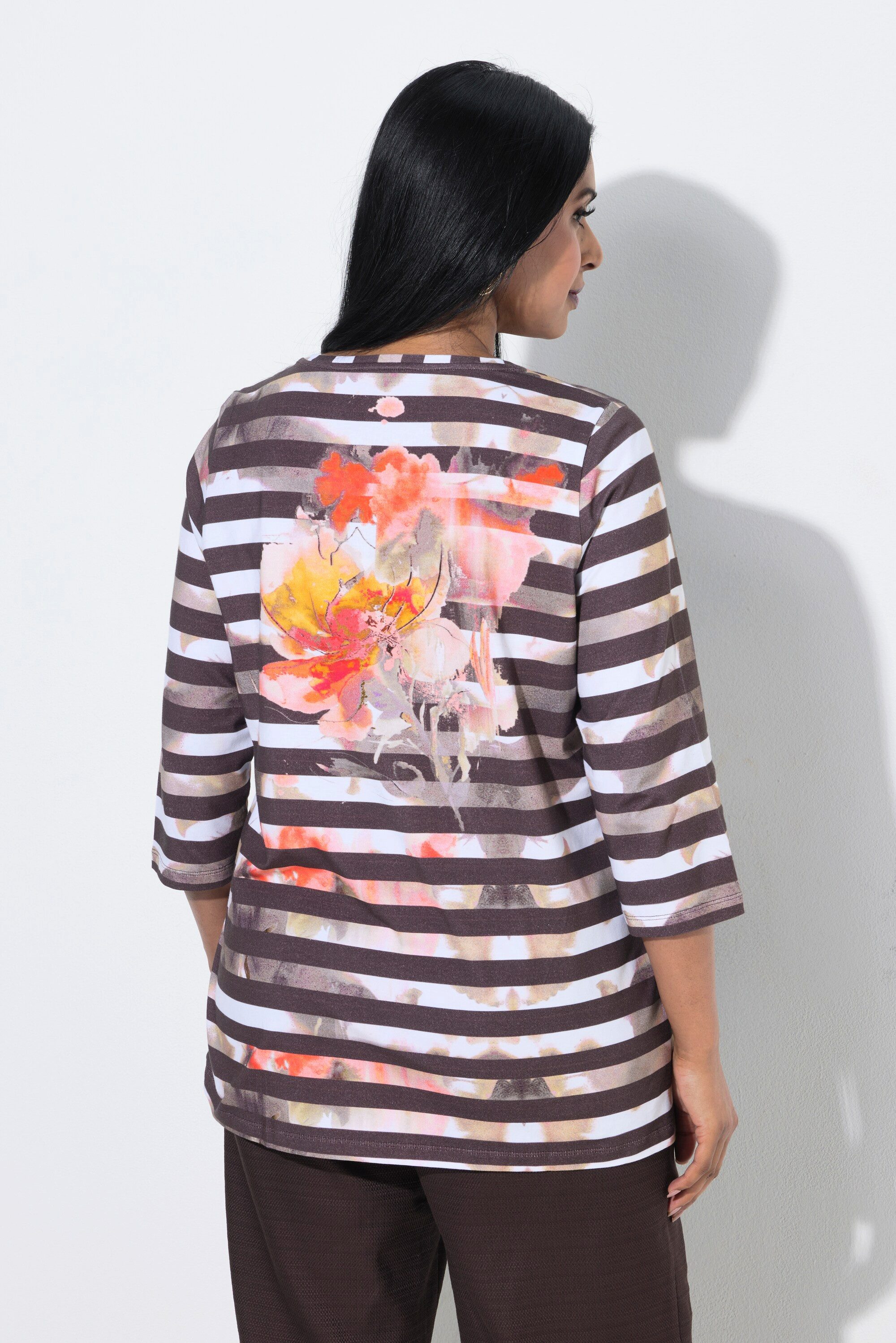 Ulla Popken T-Shirt Shirt A-Linie Ringel Rundhals 3/4-Arm Pima Cotton