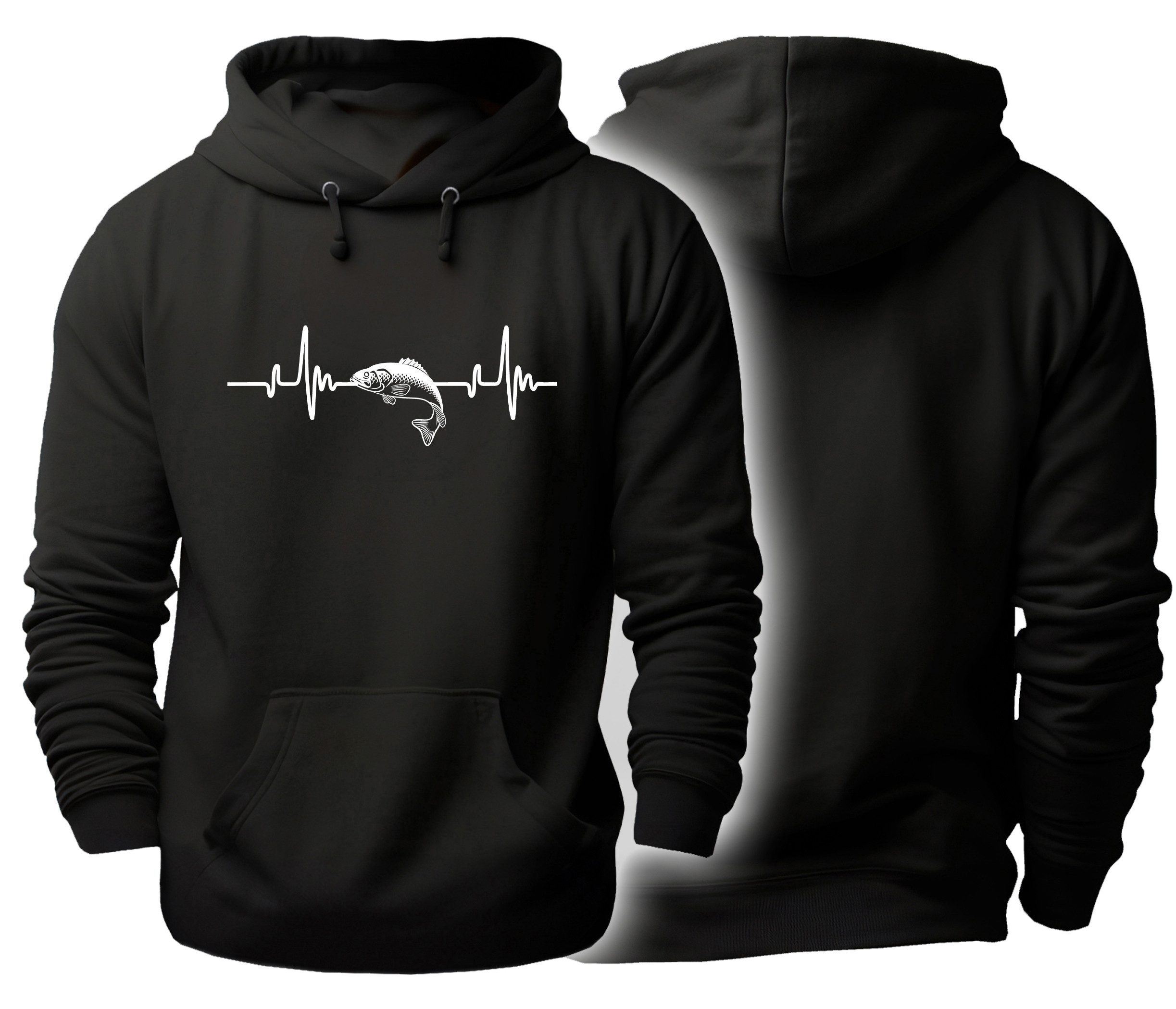 MyDesign24 Hoodie Kapuzen Pullover - Herzschlaglinie mit Fisch schwarzer Kapuzensweater Gr.XS i575