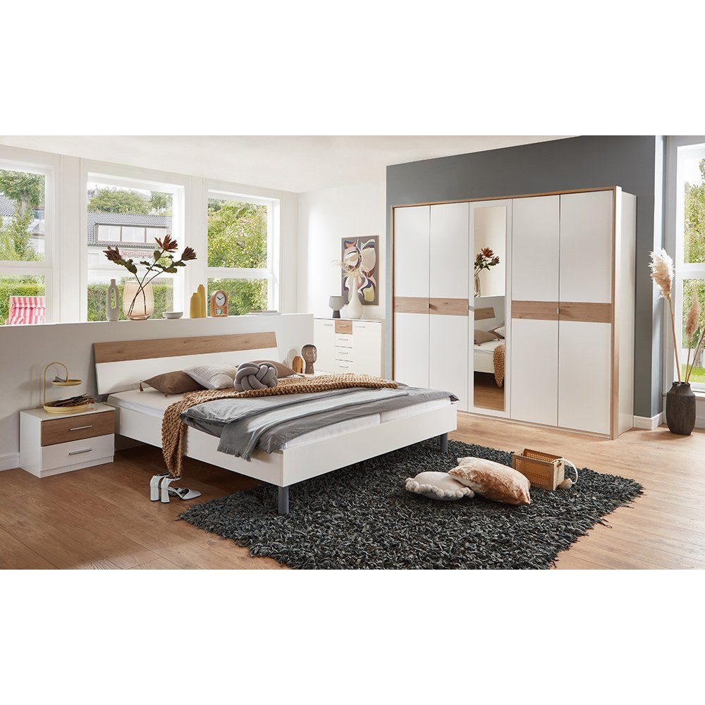 Lomadox Schlafzimmer-Set BRADFORD-43, (Spar-Set, 5-St), mit Bett 180x200 cm, Kleiderschrank 5-türig, Kommode, weiß mit Eiche