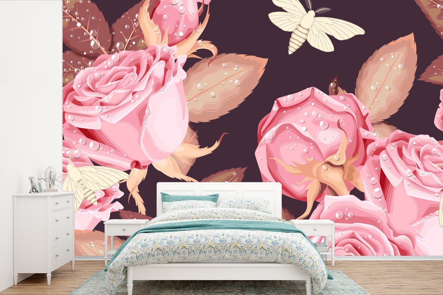 MuchoWow Fototapete Rosen - Schmetterlinge - Rosa - Weiß, Matt, bedruckt, (6 St), Wallpaper für Wohnzimmer, Schlafzimmer, Kinderzimmer, Vinyl Tapete