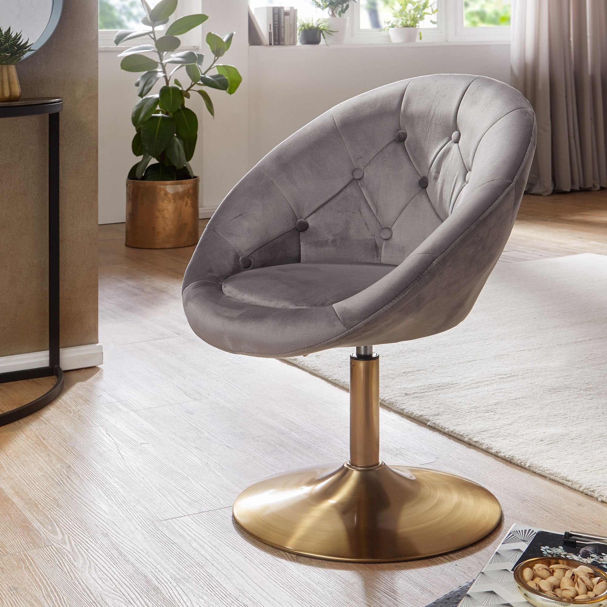 Cocktailsessel Samt / Sessel Drehstuhl, Stoffbezug Grau Rückenlehne, Lounge, Drehstuhl, mit möbelando / Grau Samt Design Polsterstuhl Relaxsessel Gold Design mit Drehsessel Clubsessel Gold Loungesessel Loungesessel