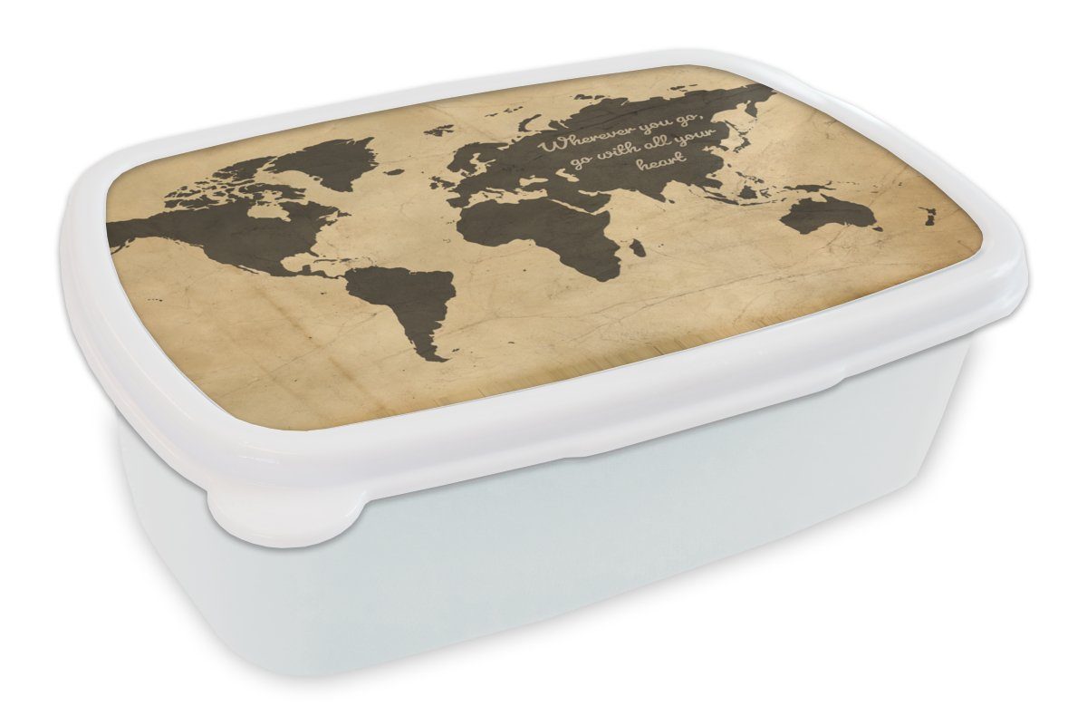 MuchoWow Lunchbox Weltkarte - Vintage - Zitat, Kunststoff, (2-tlg), Brotbox für Kinder und Erwachsene, Brotdose, für Jungs und Mädchen weiß