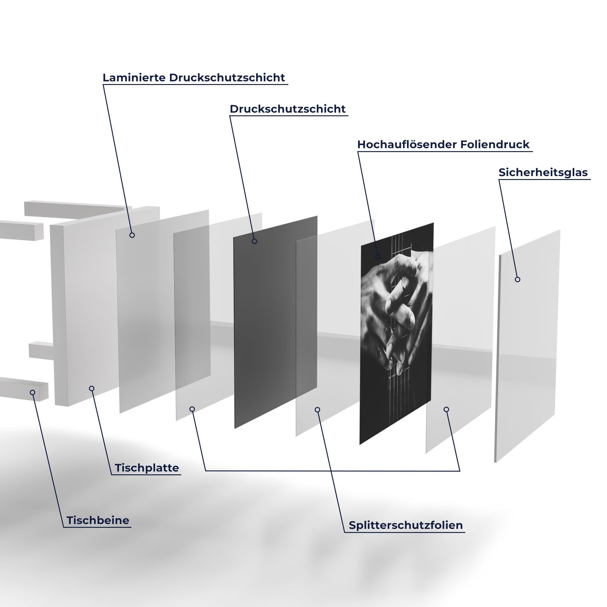 Weiß modern Glas DEQORI Beistelltisch Gitarrenhals', Couchtisch Glastisch 'Mann hält