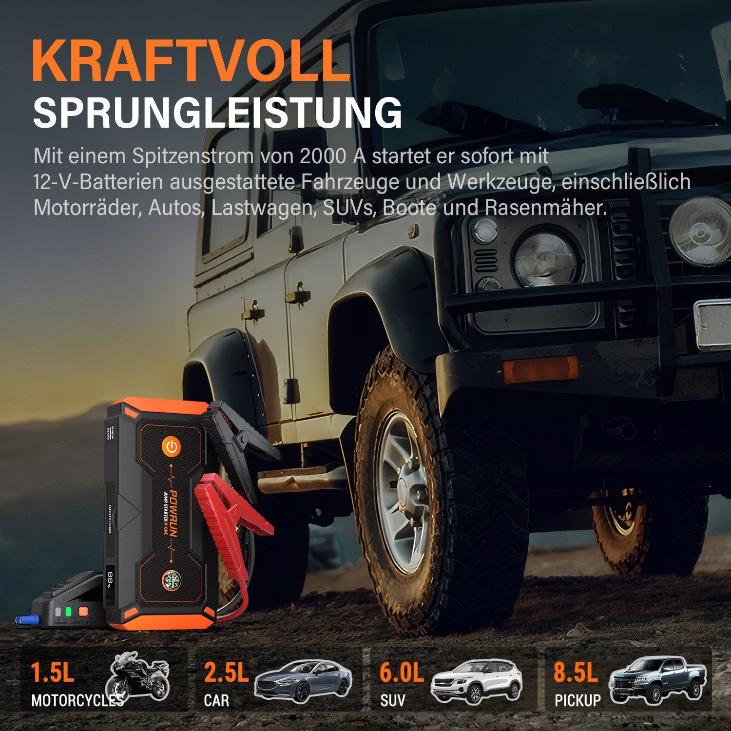 MOPUEA Car Jump Starter Power Bank 2000A 18000mAh Portable with LCD Car Battery Charger (18000 mA, Single Set, Jump Starter with Cable, USB-C, EVA Case, Manual, LCD Display, Power Bank, LED Lamp, IP65 Waterproof)