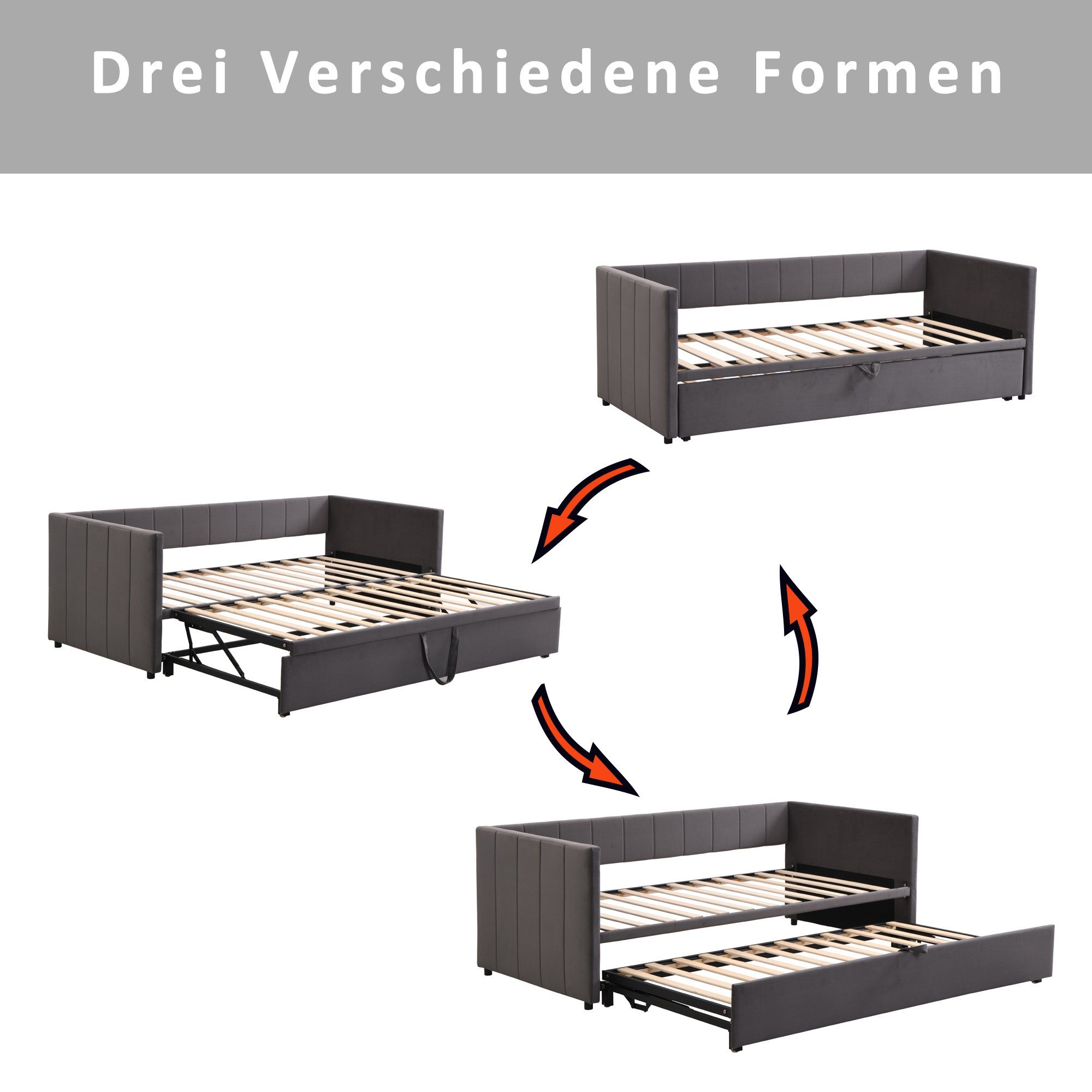 Odikalo Schlafsofa Schlafcouch 90x200, Polsterbett Ausziehbares Schlafsofa, Tagesbett 90/180*200 cm mit Lattenrosten, Multifunktionsbett aus hautfreundlichem Samtstoff Grau