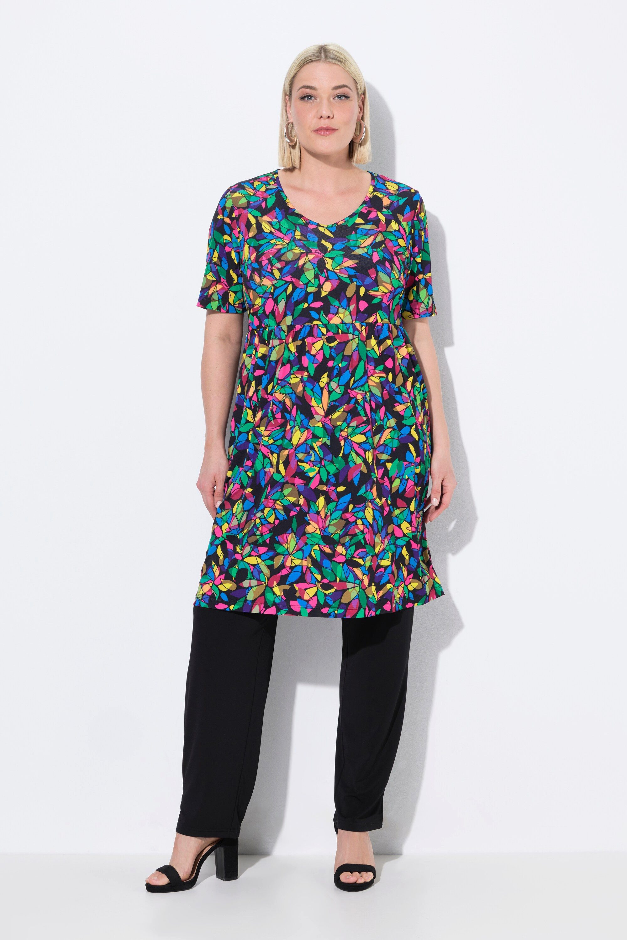 Maxikleid Longshirt A-Linie V-Ausschnitt Halbarm Taschen