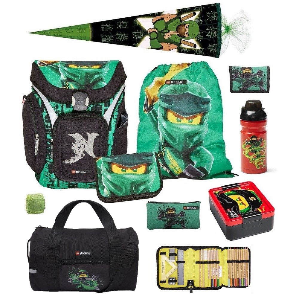 LEGO® Bags Schulranzen Lego Ninjago großes Einschulungs-Set "Explorer" mit Schultüte (Set, 10-tlg., mit Dose, Flasche, Sporttasche und Schultüte 85cm), ab der 1. Klasse, Ergonomisch, 16L Volumen, wasserabweisend