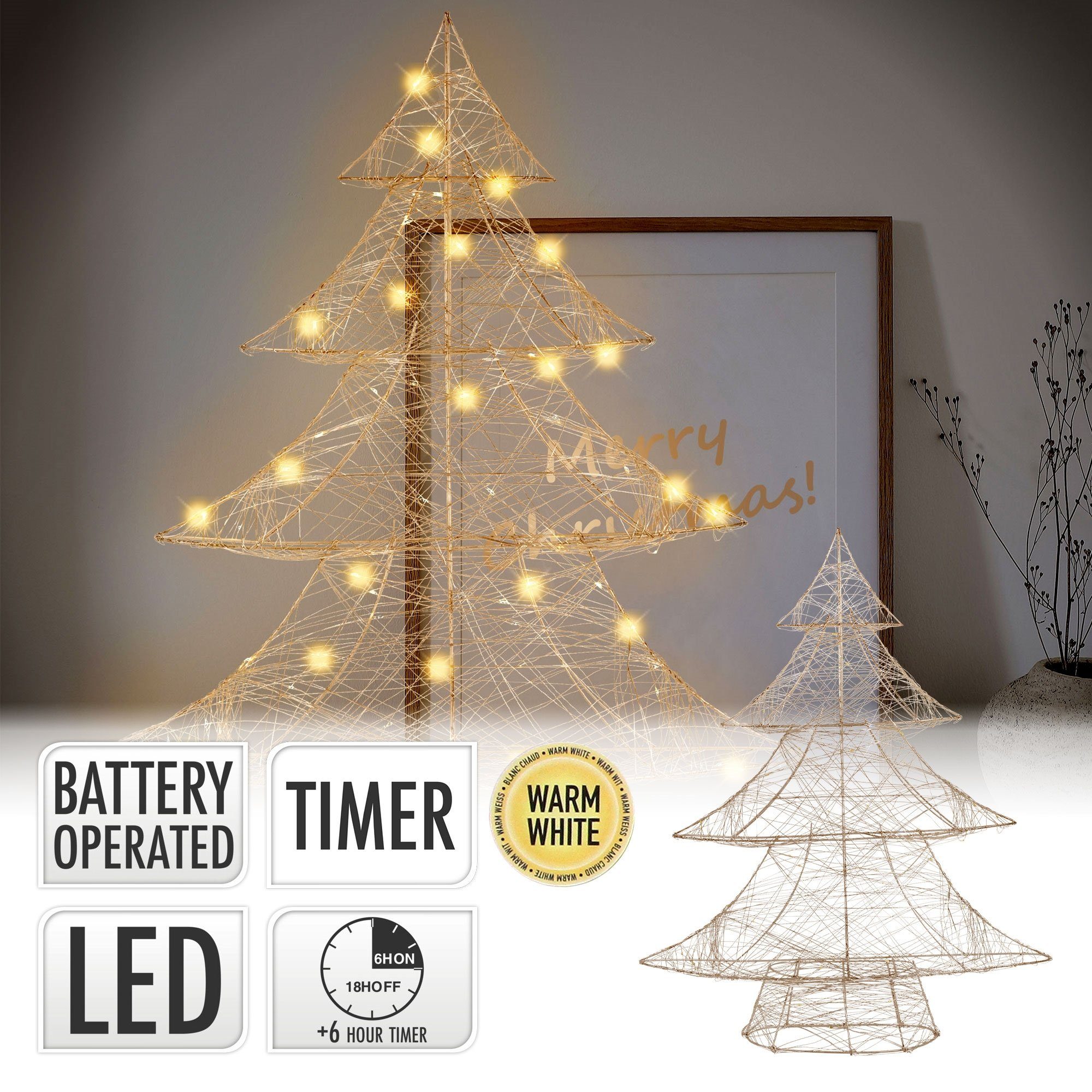 ECD Germany Künstlicher Weihnachtsbaum Deko Baum Weihnachten Lichterbaum  Tanne Weihnachtsdeko, Metall Gold warmweiße 60 LEDs 60cm hoch mit  Beleuchtung & Timer Innen