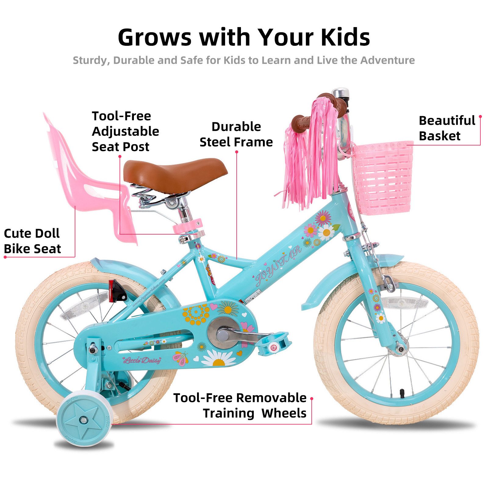 JOYSTAR Kinderfahrrad 12, 14, 16 Zoll Mädchenfahrrad, 3 - 8 Jahre,Geschenk für Prinzessin, 1 Gang, Mit Hilfsrädern, farbigen Bändern, Korb, Reflektor, Kettenabdeckung