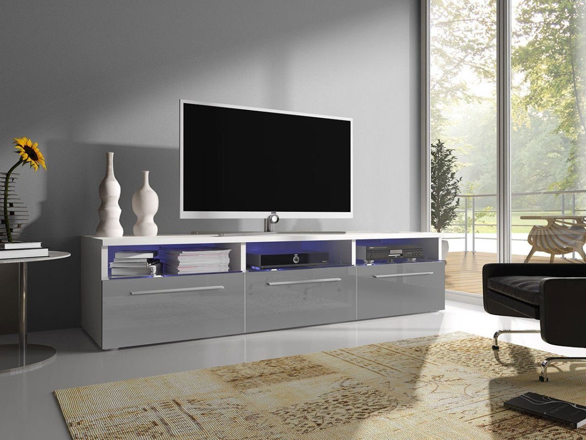 in Hochglanz Baidani Designer und Lowboard LED Grau mit Stauraum Depose, TV-Board
