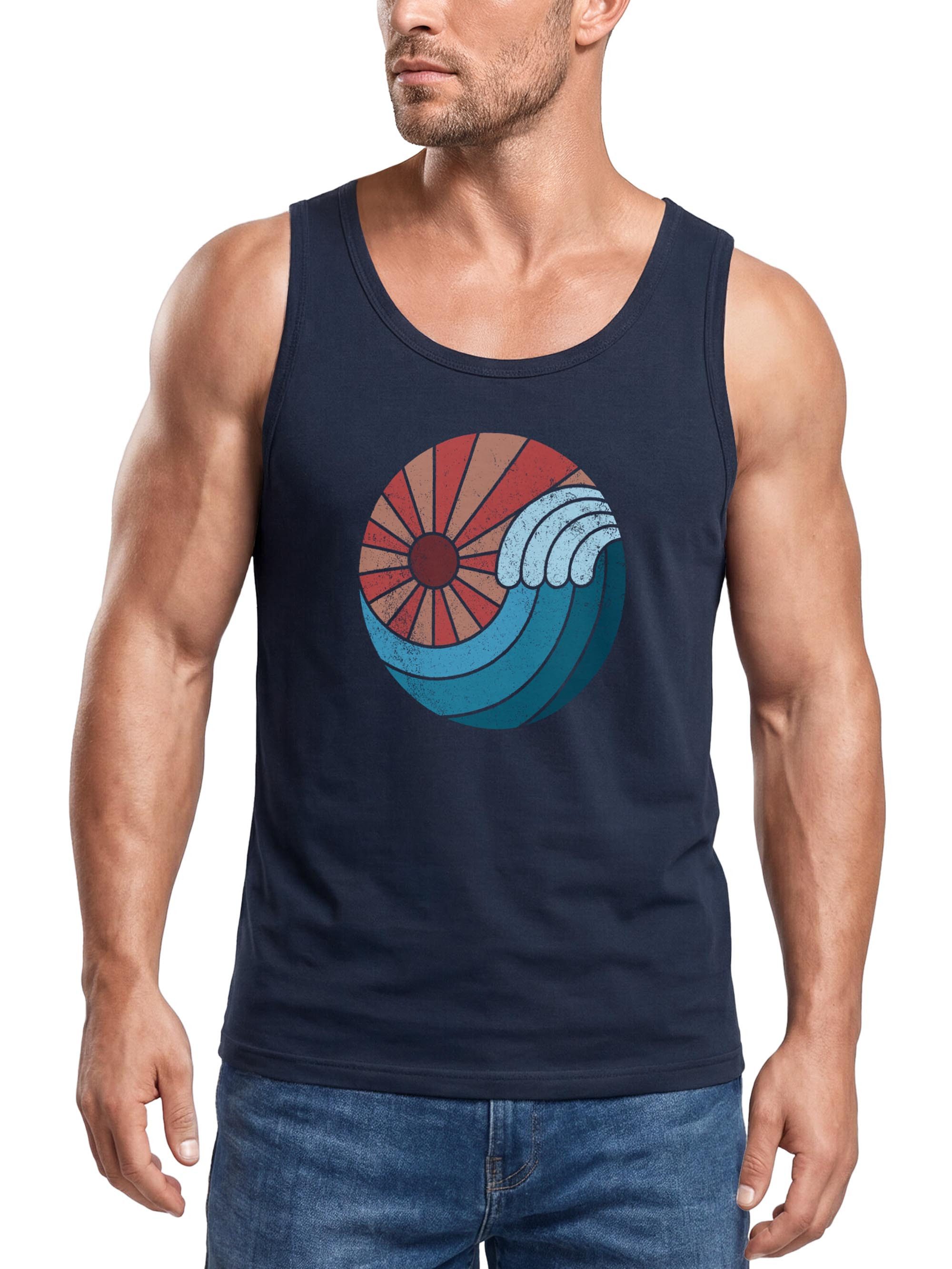 Tanktop Herren Tank-Top Welle Wave Sonne Sommer Retro Vintage Printshirt