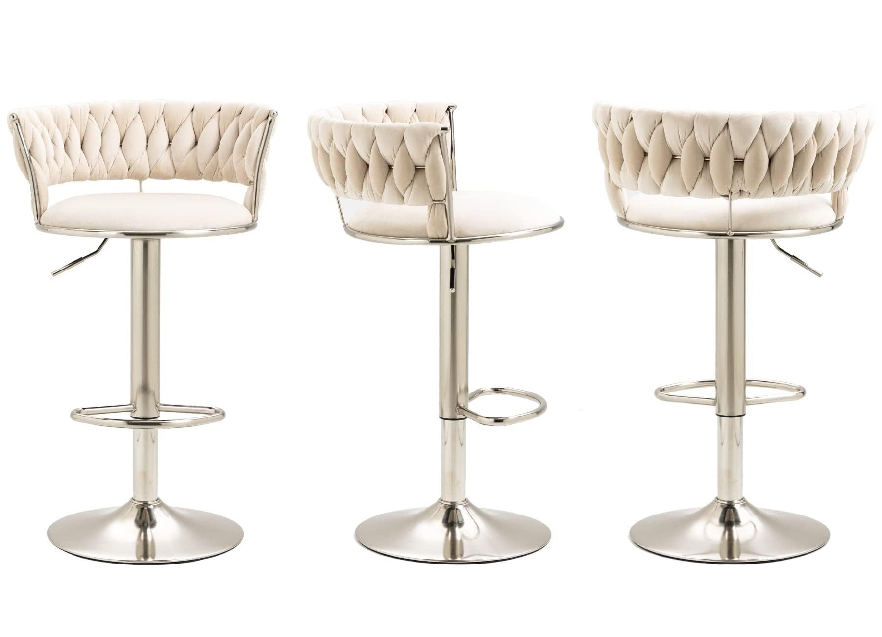 AUKWIK Barhocker Set, Moderne Samt-Barstühle mit runden Rückenlehne und Fußstütze (Set, 4 St., 2 er Set), 360° drehbar und höhenverstellbar, aus Metall in Chrom-Optik