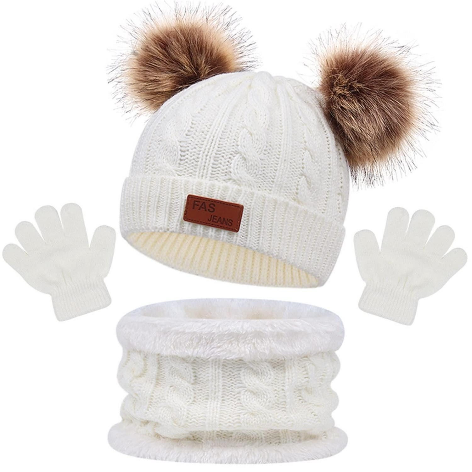 LuxusKollektion Strickhandschuhe Mädchen Winter Set Beanie Schal Handschuhe Weiß (1-St)