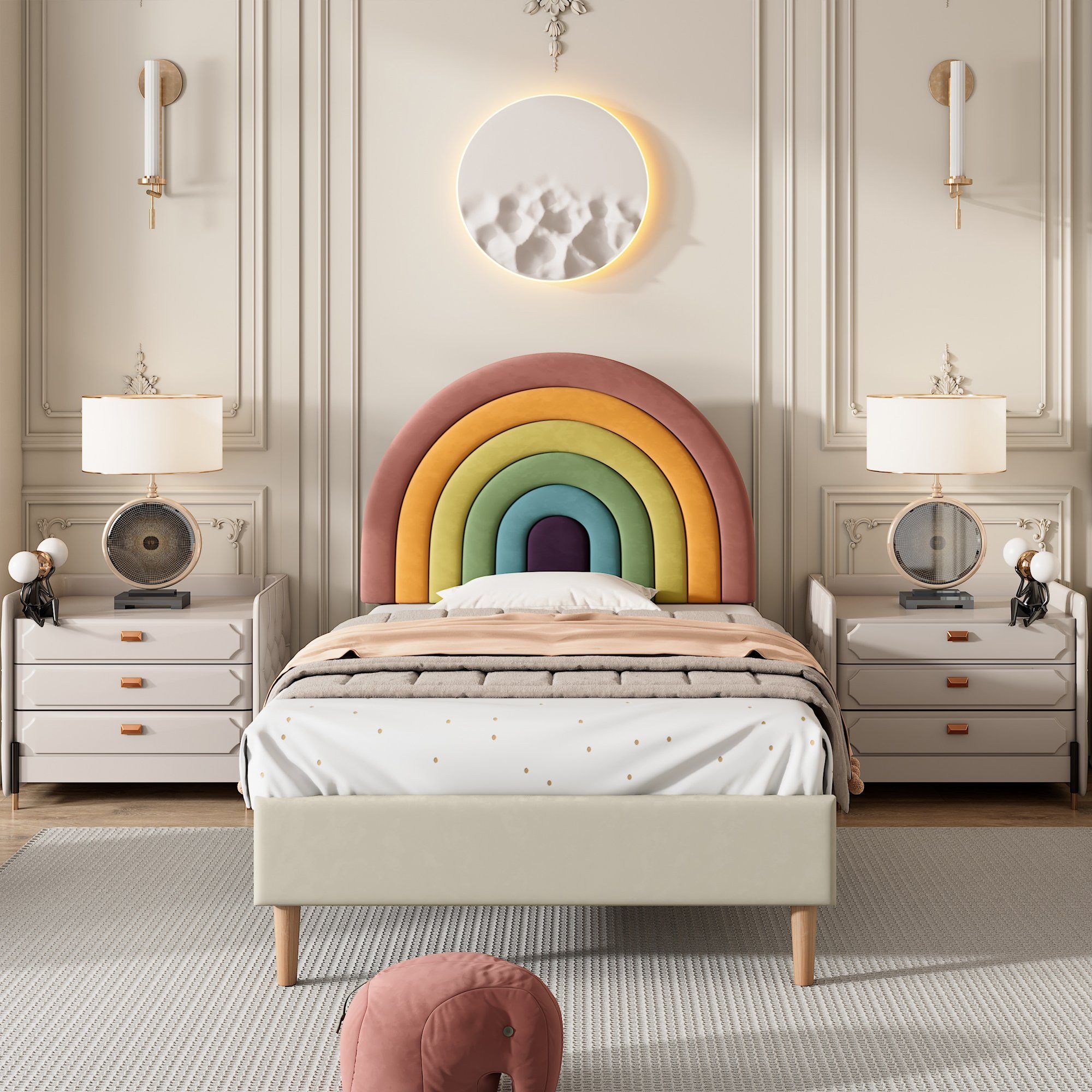 Ulife Kinderbett Polsterbett Jugendbett mit höhenverstellbarem Kopfteil Regenbogen-Samt, Holzlattenunterstützung, 90 cm x 200 cm Beige