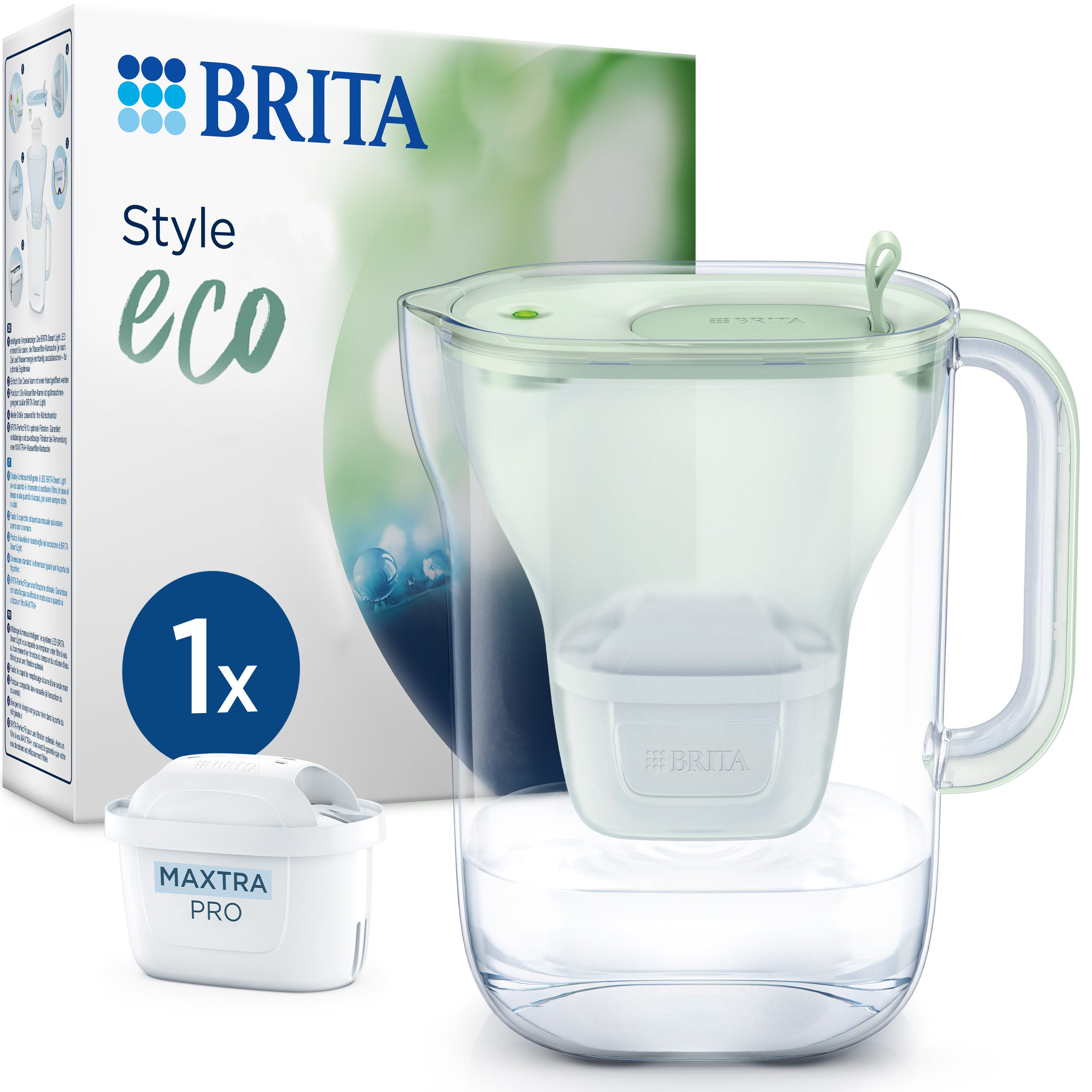 BRITA Wasserfilter Kanne Style eco hellgrün inkl. 1 MAXTRA PRO Pure Performance Kartusche, Nachhaltige Kanne passt in den Kühlschrank & filtert Verunreinigungen