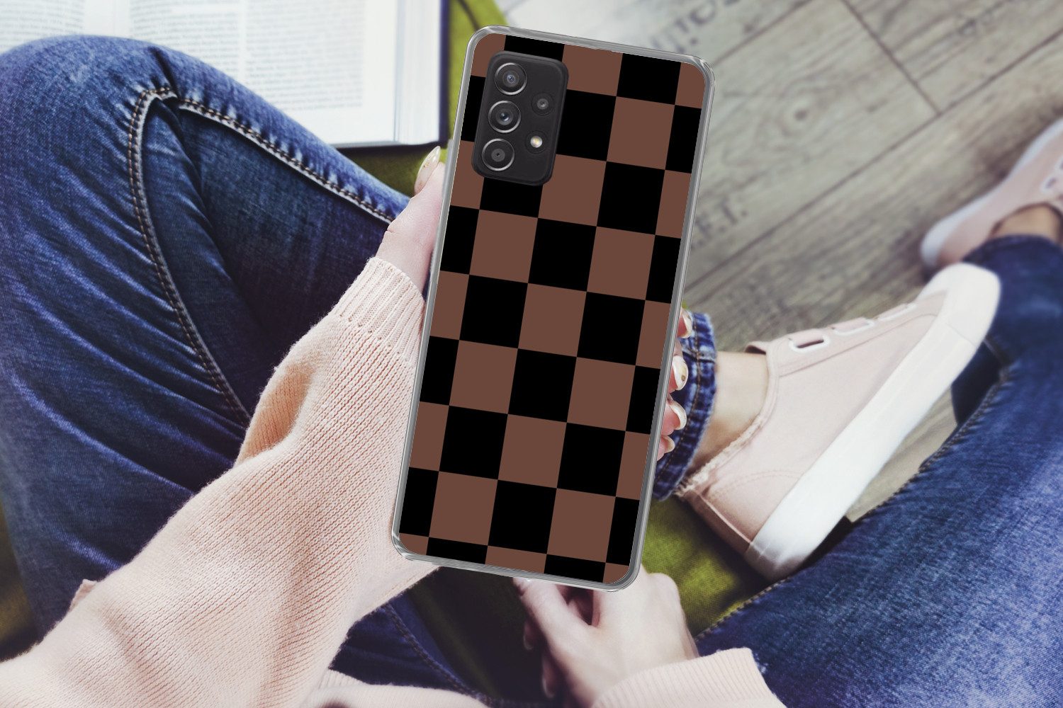MuchoWow Handyhülle für Samsung Galaxy A53 5G Schachbrettmuster - Braun - Schwarz - Blöcke, Phone Case, Silikon, Schutzhülle Dünn
