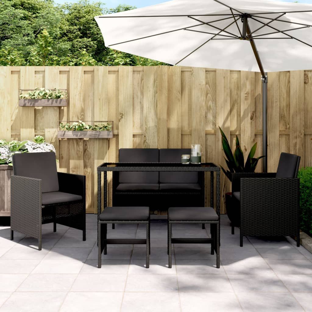 vidaXL Garten-Essgruppe vidaXL 6-tlg. Garten-Essgruppe mit Kissen Schwarz Poly Rattan
