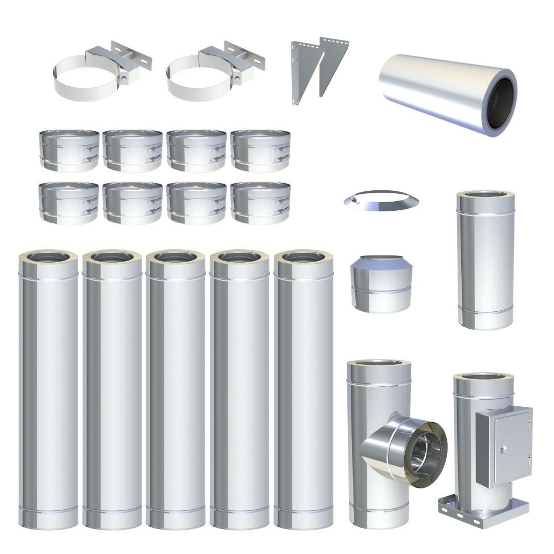 Jeremias Schornstein Ø130mm 6 m DW FU Doppelwandiges Schornstein Set Wandmontage Hochglanz, Ø 130 mm