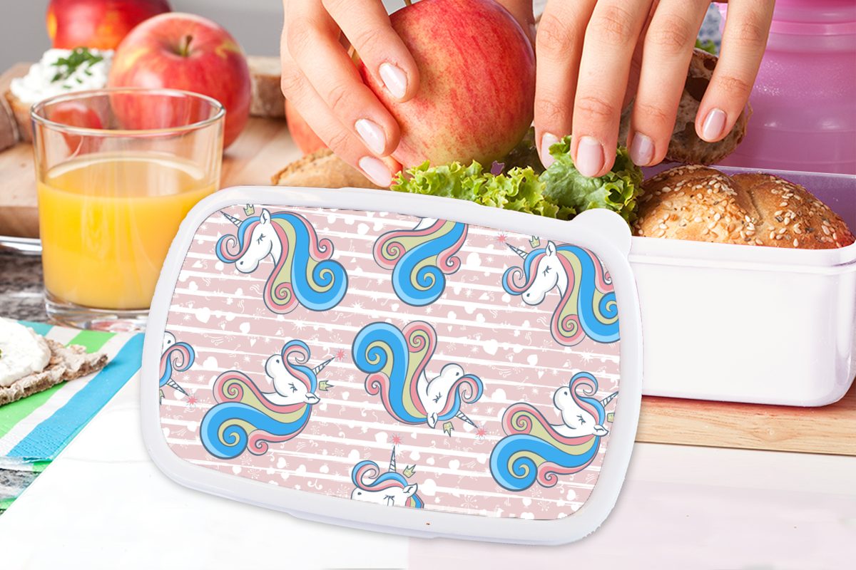 MuchoWow - Rosa, und - Erwachsene, (2-tlg), Einhorn Jungs Brotdose, weiß für Kunststoff, Mädchen und Brotbox Muster für Kinder Lunchbox
