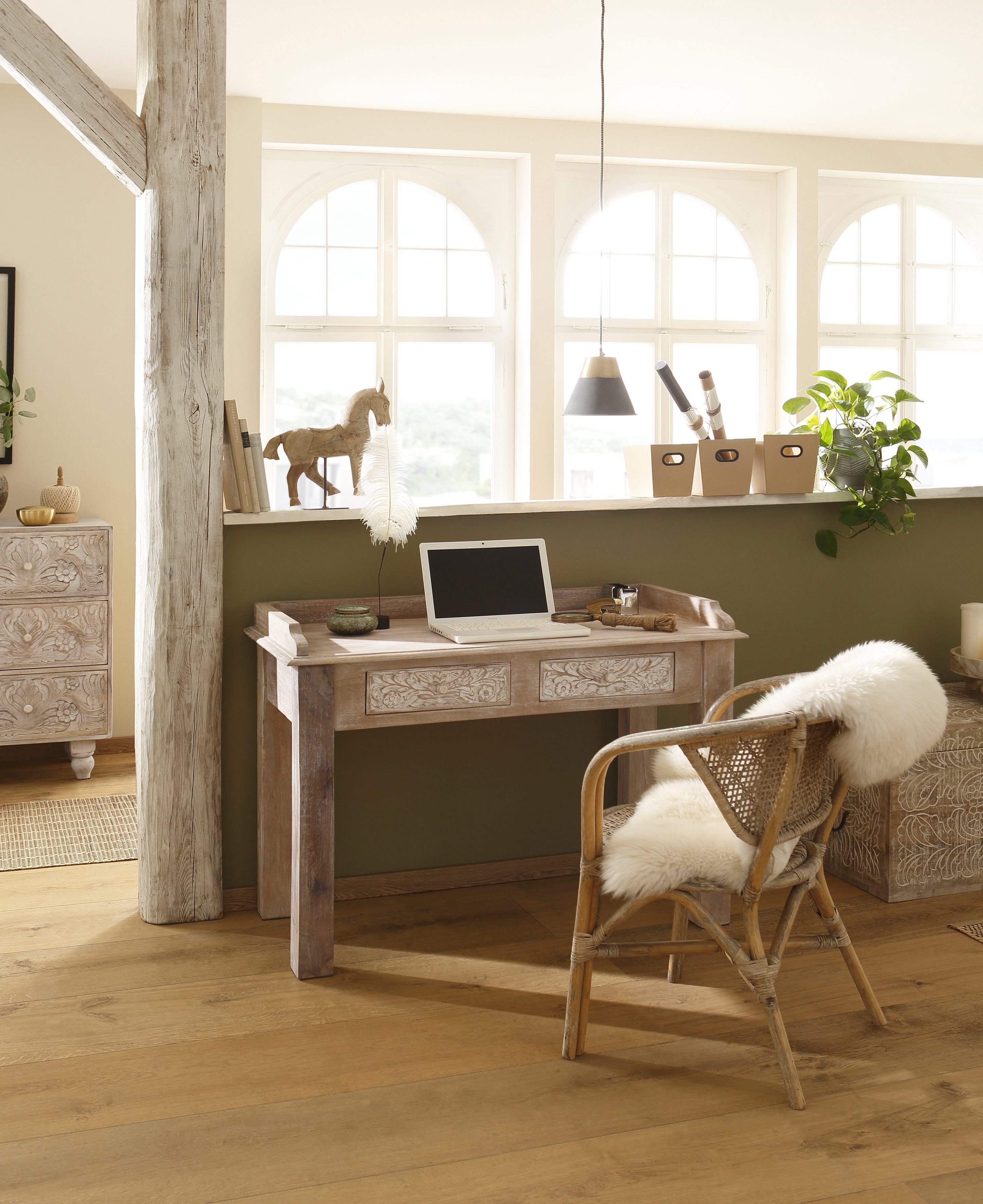 Schnitzereien, Schreibtisch Handgefertigt, Home Mangoholz, affaire 111 Naturfarben cm dekorativen Breite mit Lavin,