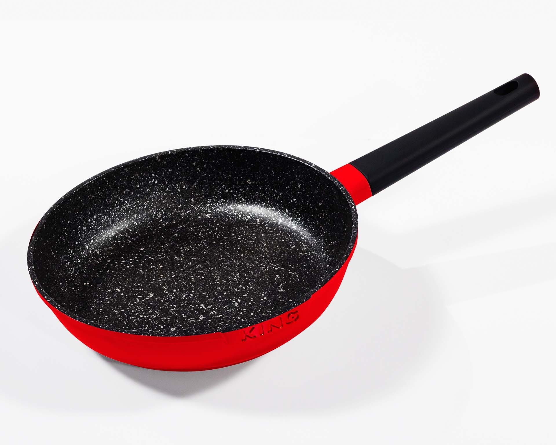 KING Pfannen-Set Shine Red, Aluminiumguss (Set, 3-tlg., je 1 Bratpfanne Ø 20/24/28 cm, H: 5/5,5/6 cm, - 1/1,9/2,5 l), Induktion, mit 6-teiligem Messerblock