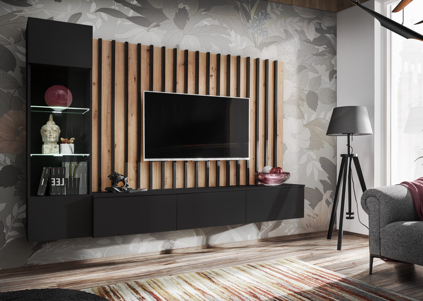 Furn.Design Wohnwand Pearl, (Mediawand in schwarz mit Artisan Eiche, 3-teil günstig online kaufen