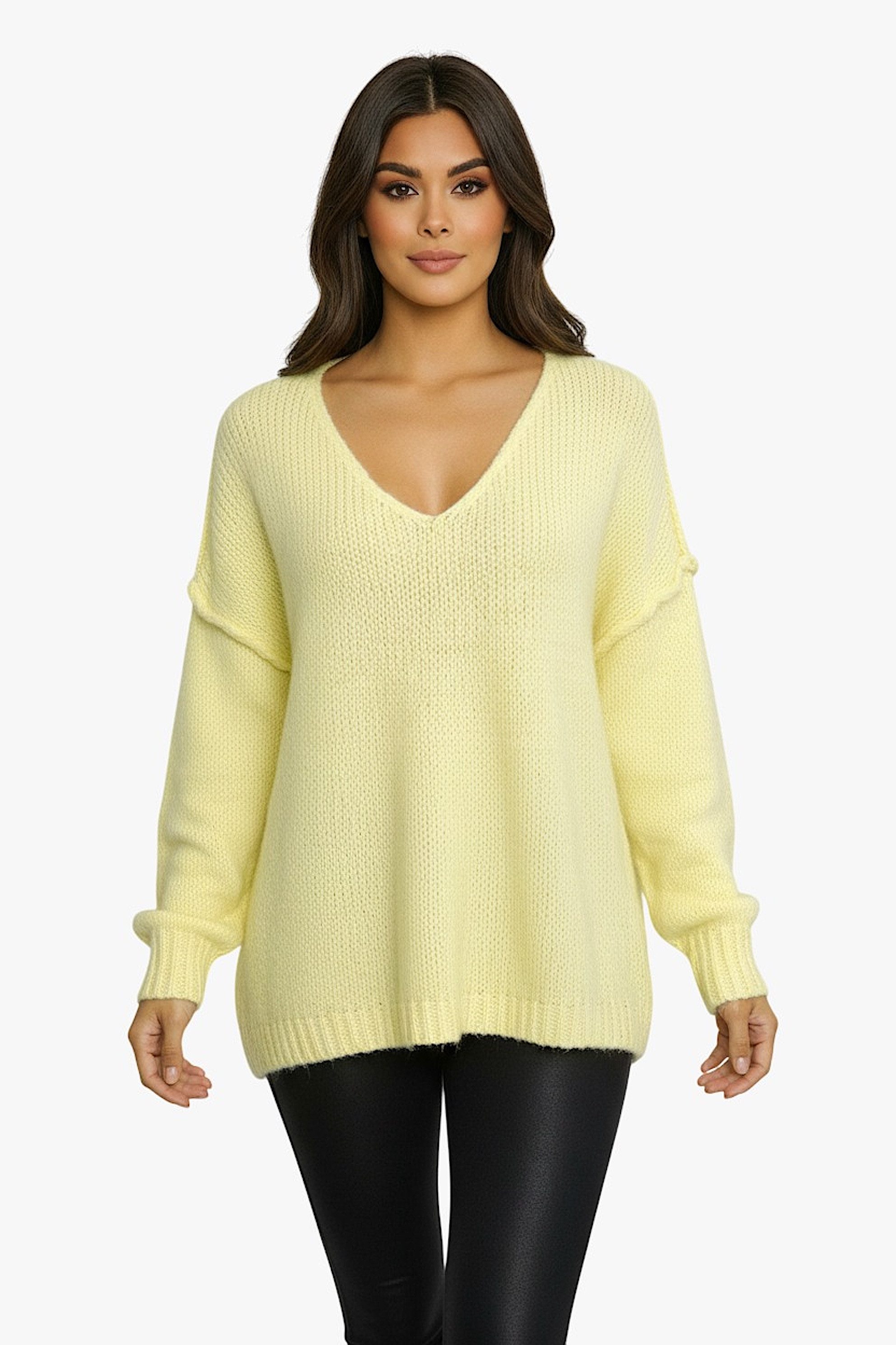 Worldclassca Longpullover WORLDCLASSCA Damen Oversize Strickpulllover Lang Pulli V-Ausschnitt Neue Kollektion - Stilvolle und gemütliche Strickmode für Damen