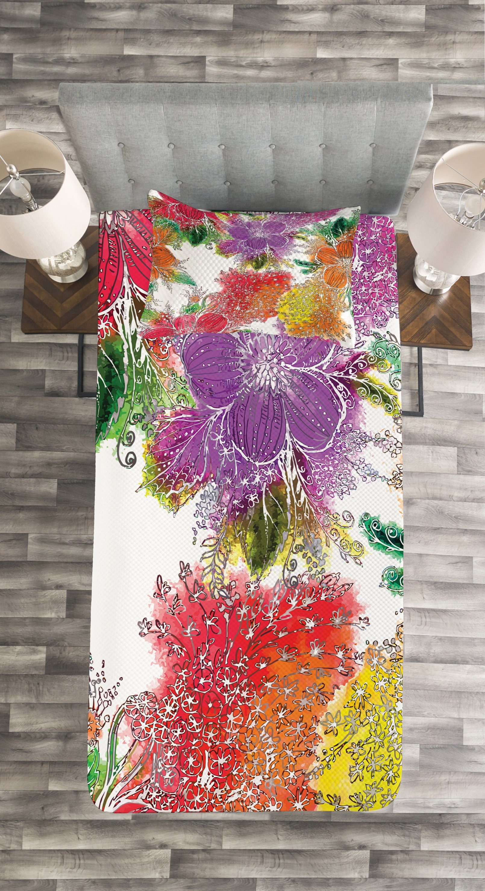 Tagesdecke Set mit Kissenbezügen Blumen Waschbar, Abstrakte Abakuhaus, bunte Blumen