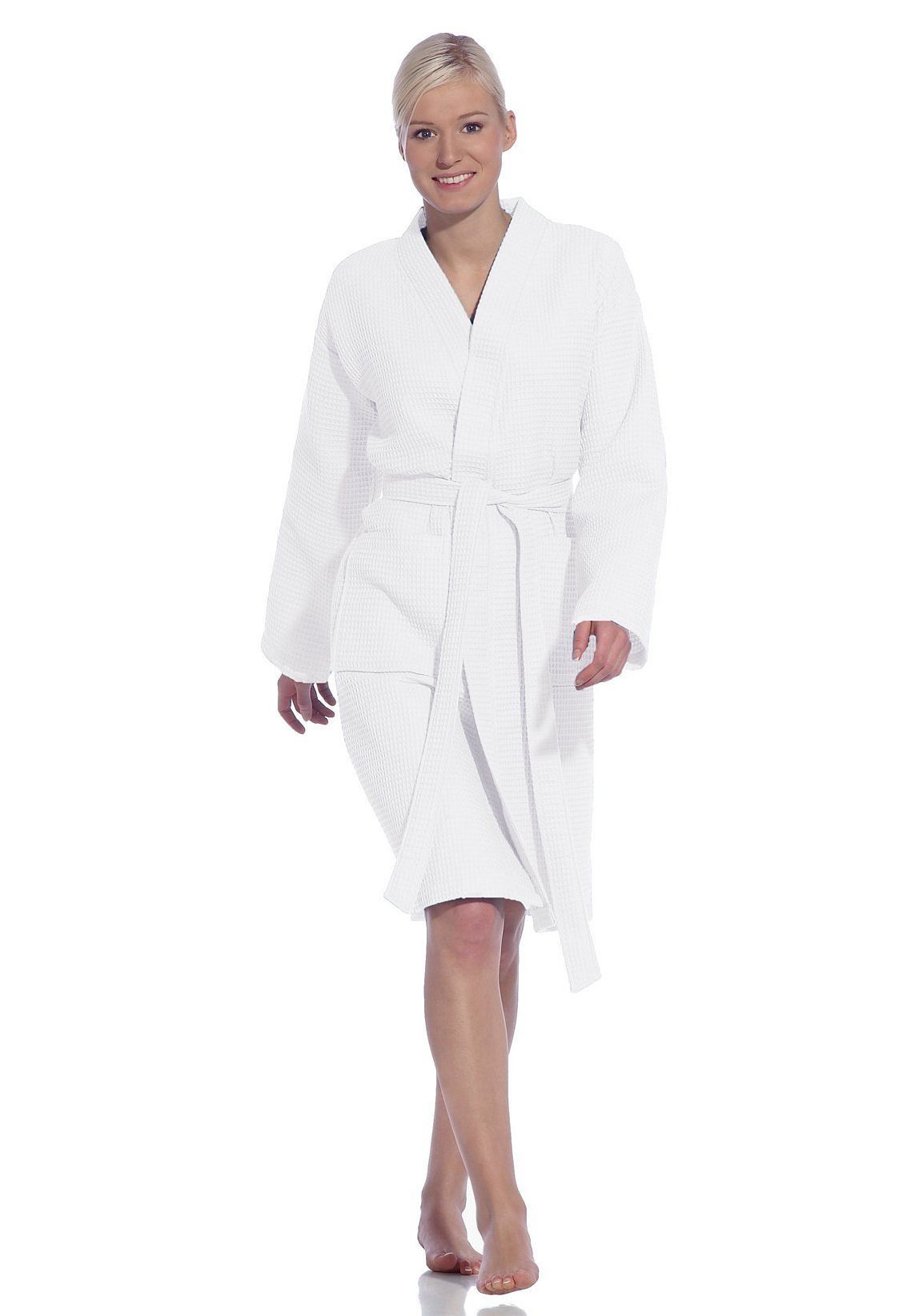 Vossen Unisex-Bademantel Rom, ideal für Sauna & Spa, Hotelbademantel, Morgenmantel, Kurzform, Waffelpiqué, Kimono-Kragen, Gürtel, für Damen & Herren, Waffelpiqué-Struktur, in leichter Qualität