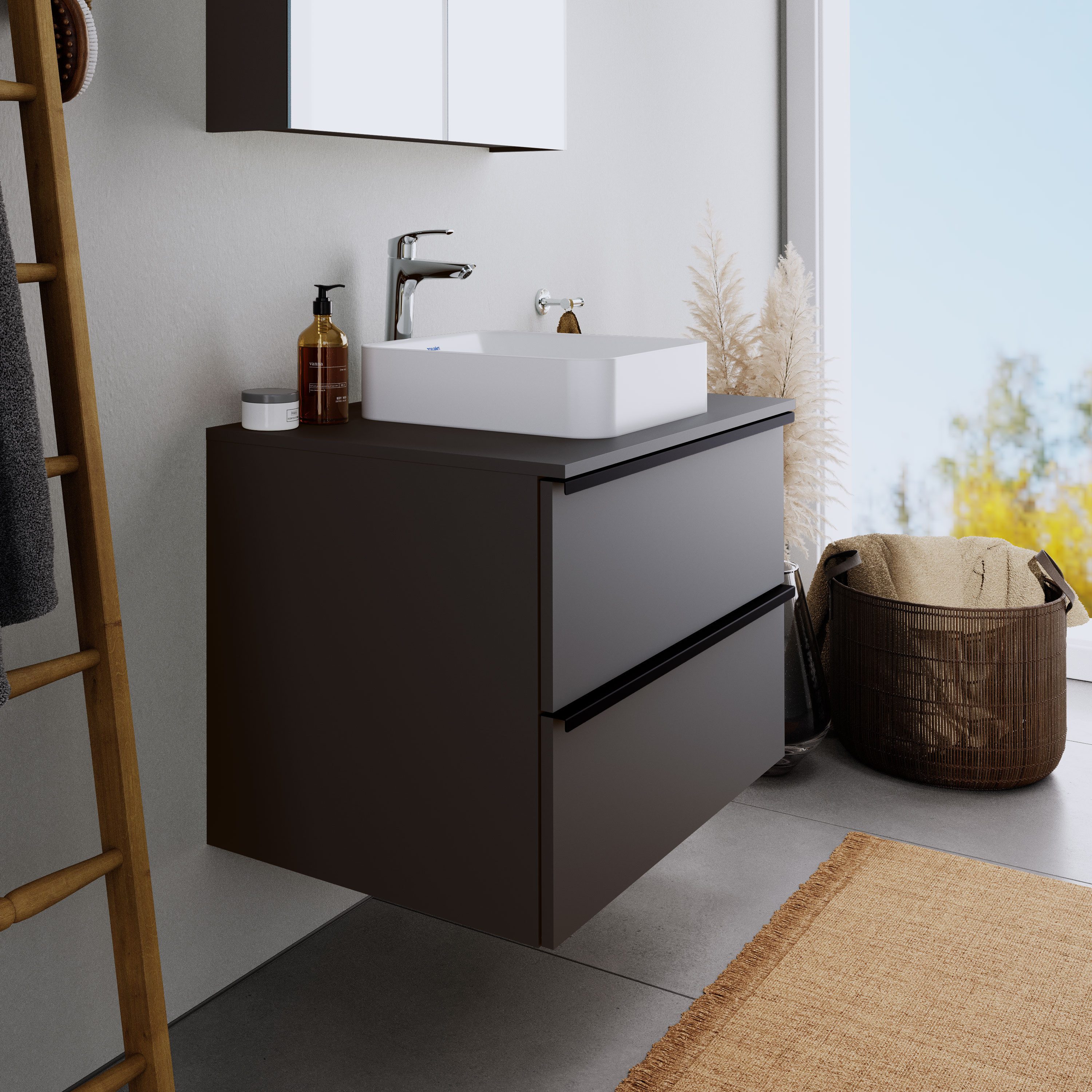 Duravit Waschbeckenunterschrank DuraPoint Graphit matt 80cm Waschtischunterschrank für Aufsatzbecken 2 Auszüge Griffleiste schwarz