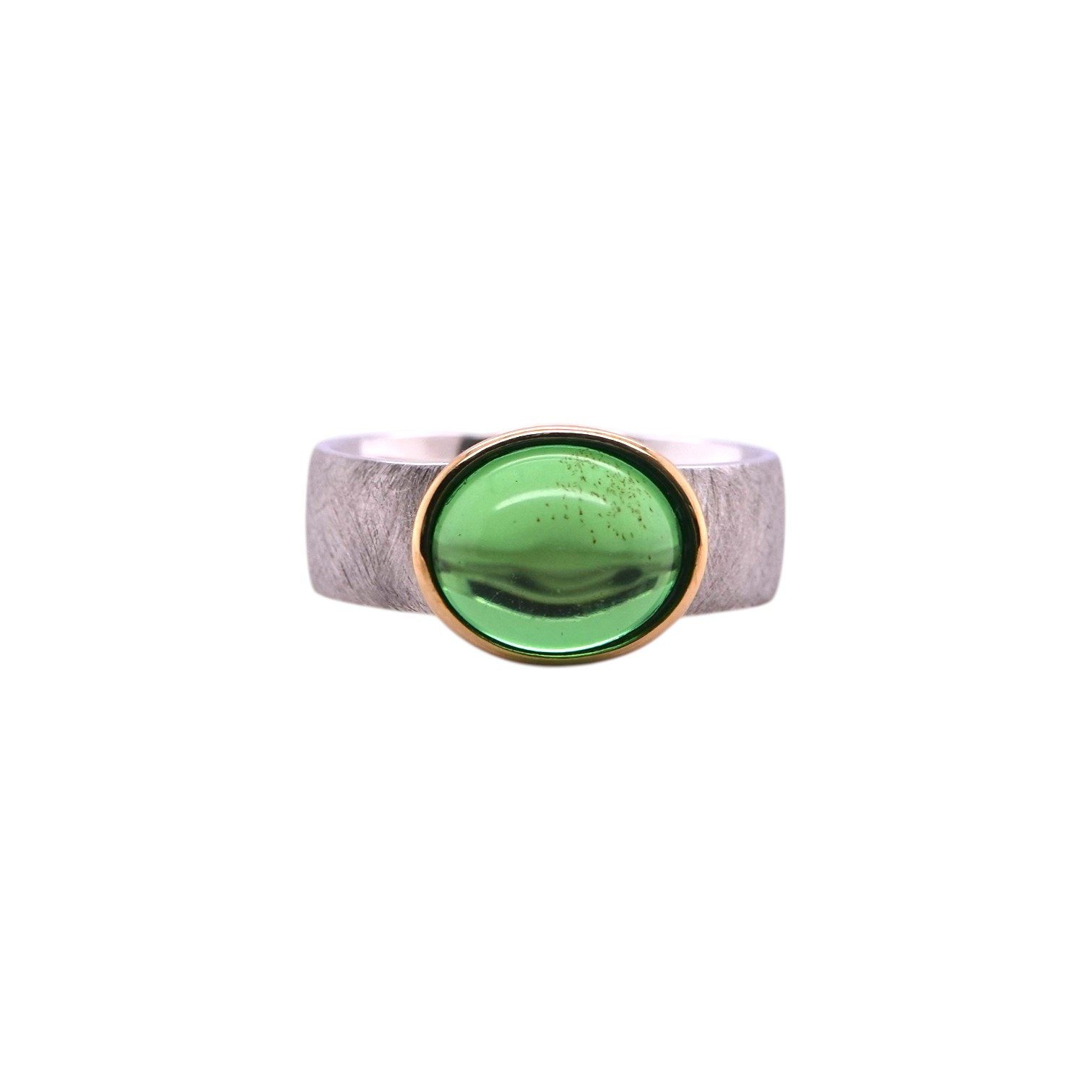 Sogni d'oro Fingerring mit grünem Bernstein, Silber 925, mattierte Ringschiene, vergoldeter Ringkopf