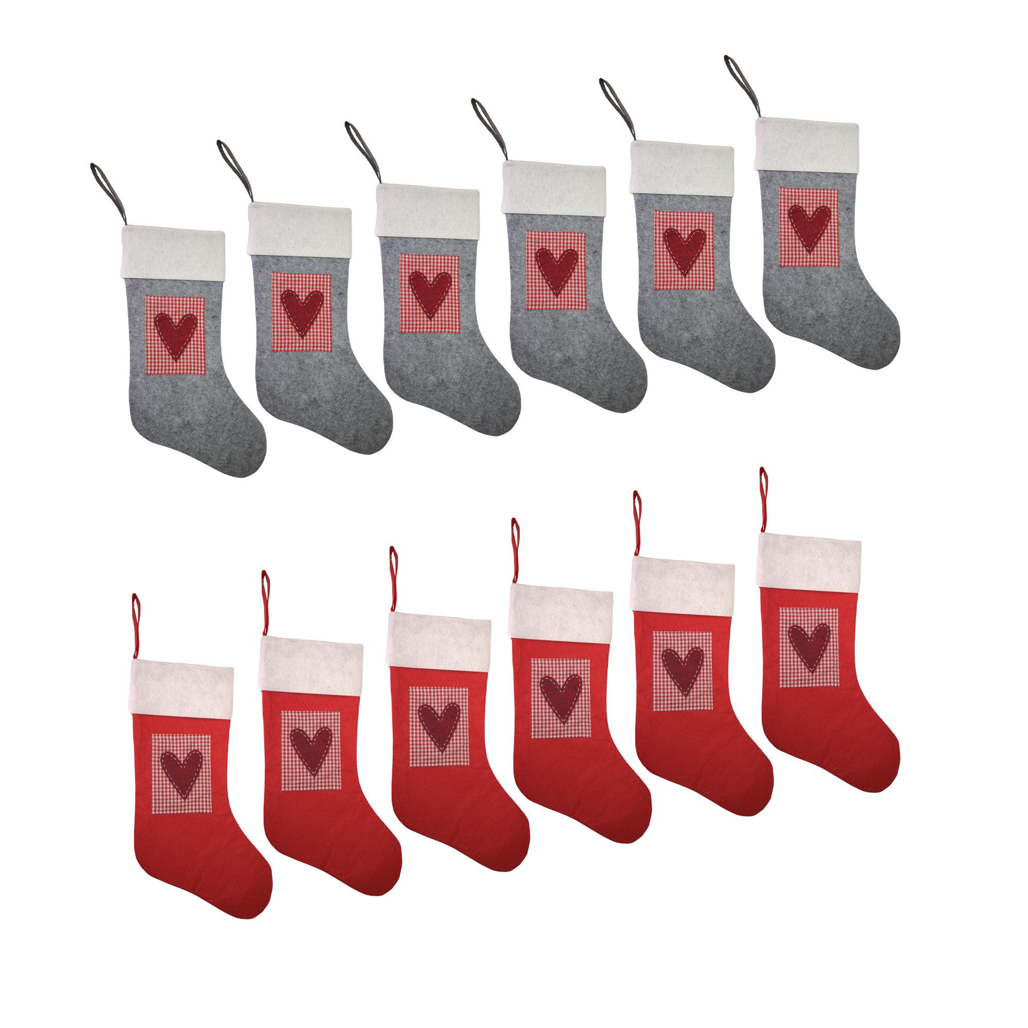 hausleben Hängedekoration Weihnachtsstrumpf Set – 42 cm aus Filz (12 St), Nikolausstrumpf zum Aufhängen und Befüllen – 6 Rot+ 6 Grau
