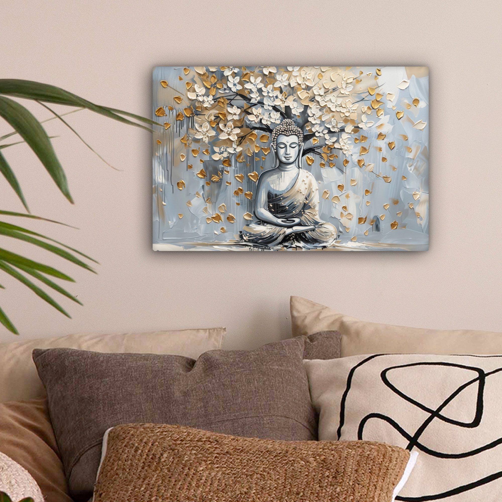 OneMillionCanvasses® Leinwandbild Buddha - Blumen - Baum - Gold - Modern, F günstig online kaufen