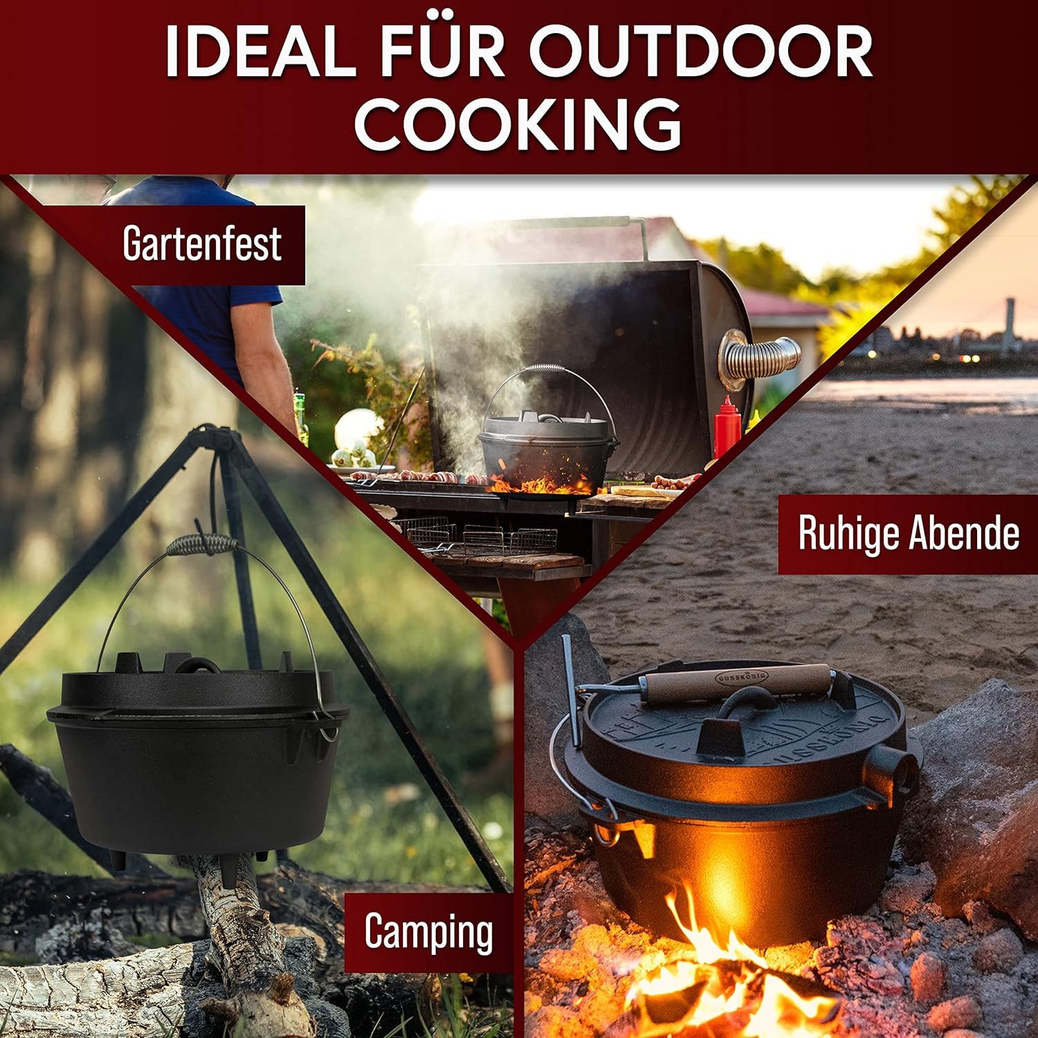 GUSSKÖNIG Schmortopf Dutch Oven Set 9 Liter mit Füßen i2in1 Deckelheber Bürste Rezeptbuch