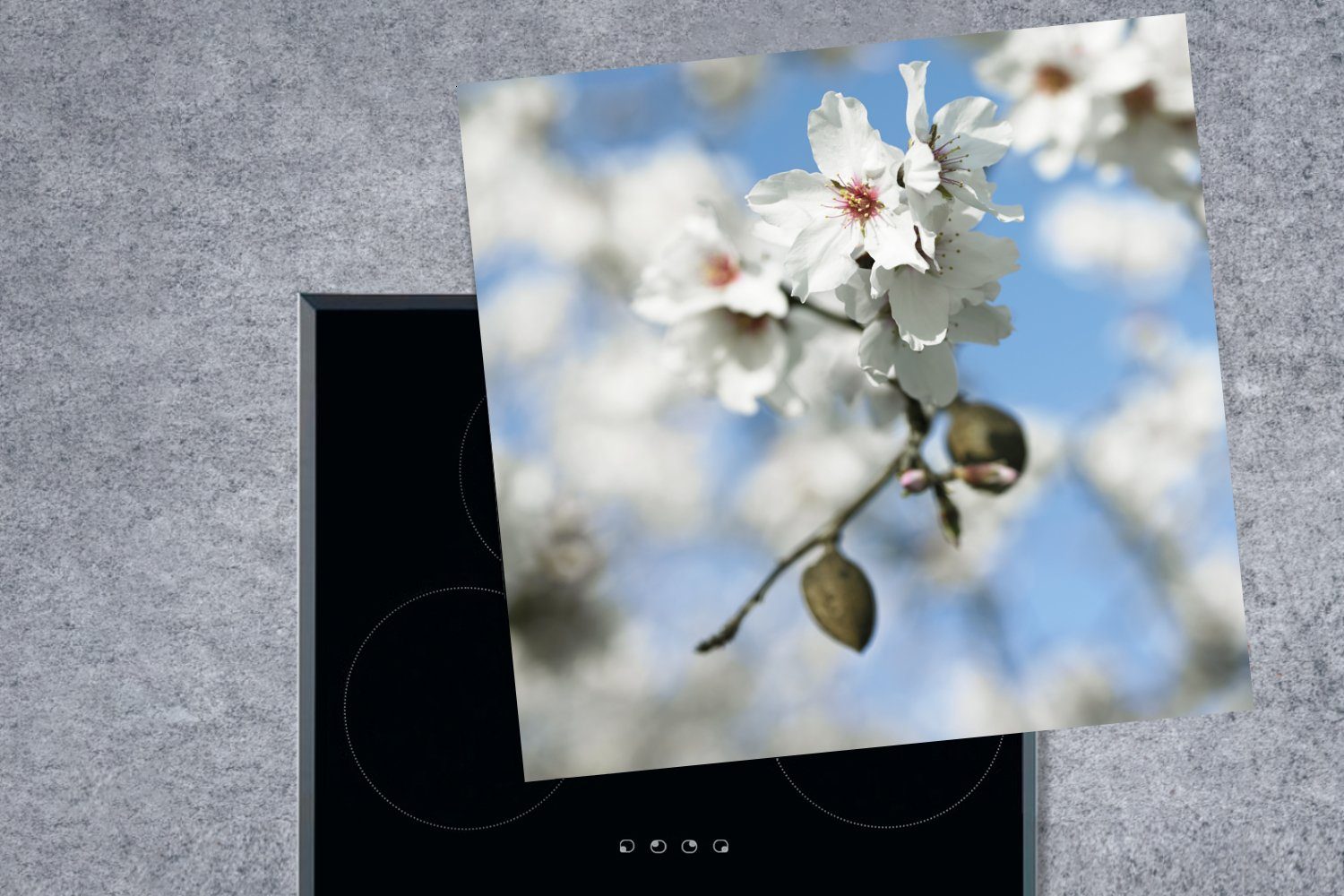 cm, des küche Arbeitsplatte Mandelbaums, MuchoWow Vinyl, Ceranfeldabdeckung, 78x78 für Herdblende-/Abdeckplatte (1 tlg), Blüte