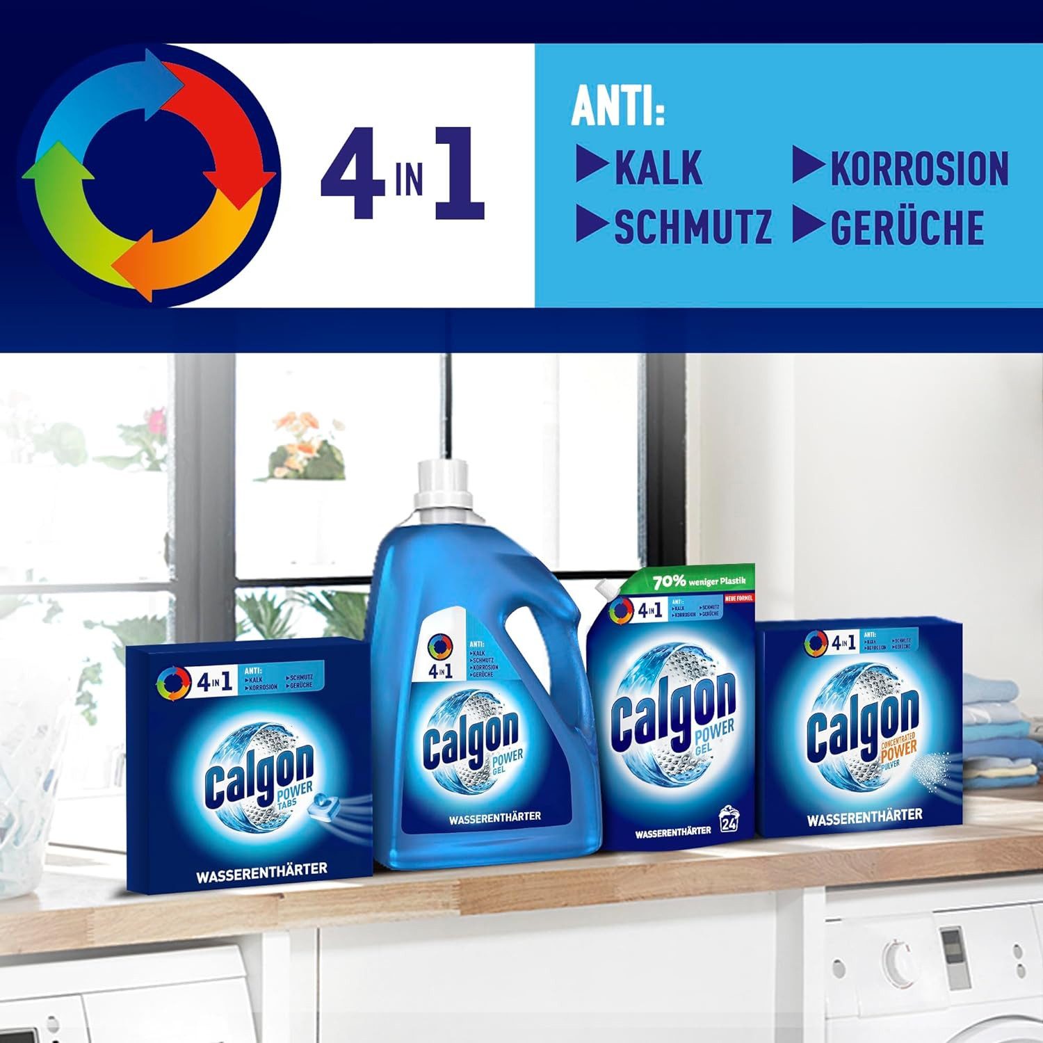 Calgon 4in1 Power Gel (2 x 2,15l) Wasserenthärter (Doppelpack, [2-St. Wirksam gegen Kalk, Schmutz, Gerüche und Korrosion)