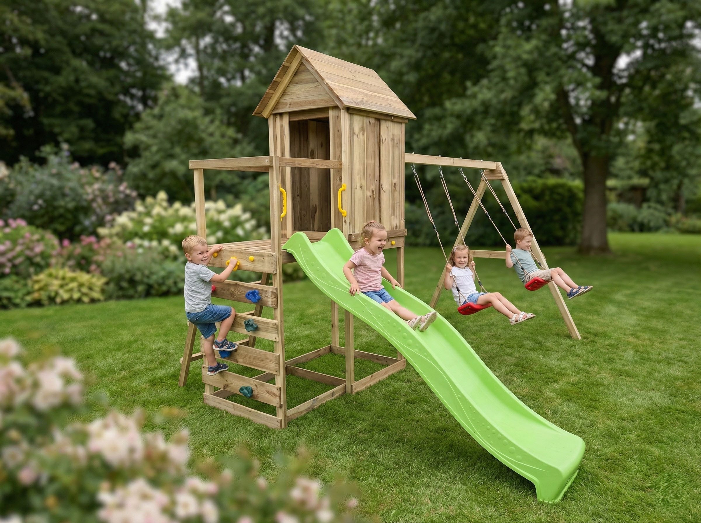 FUNGOO Spielturm MaxPlay 5, mit Spielhaus, Rutsche, Doppelschaukel, Kletterwand