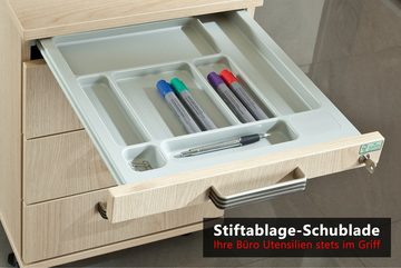 bümö Rollcontainer office Bürocontainer - 3 Materialschubladen, Dekor: Grau mit Streifengriff (Kunststoff)