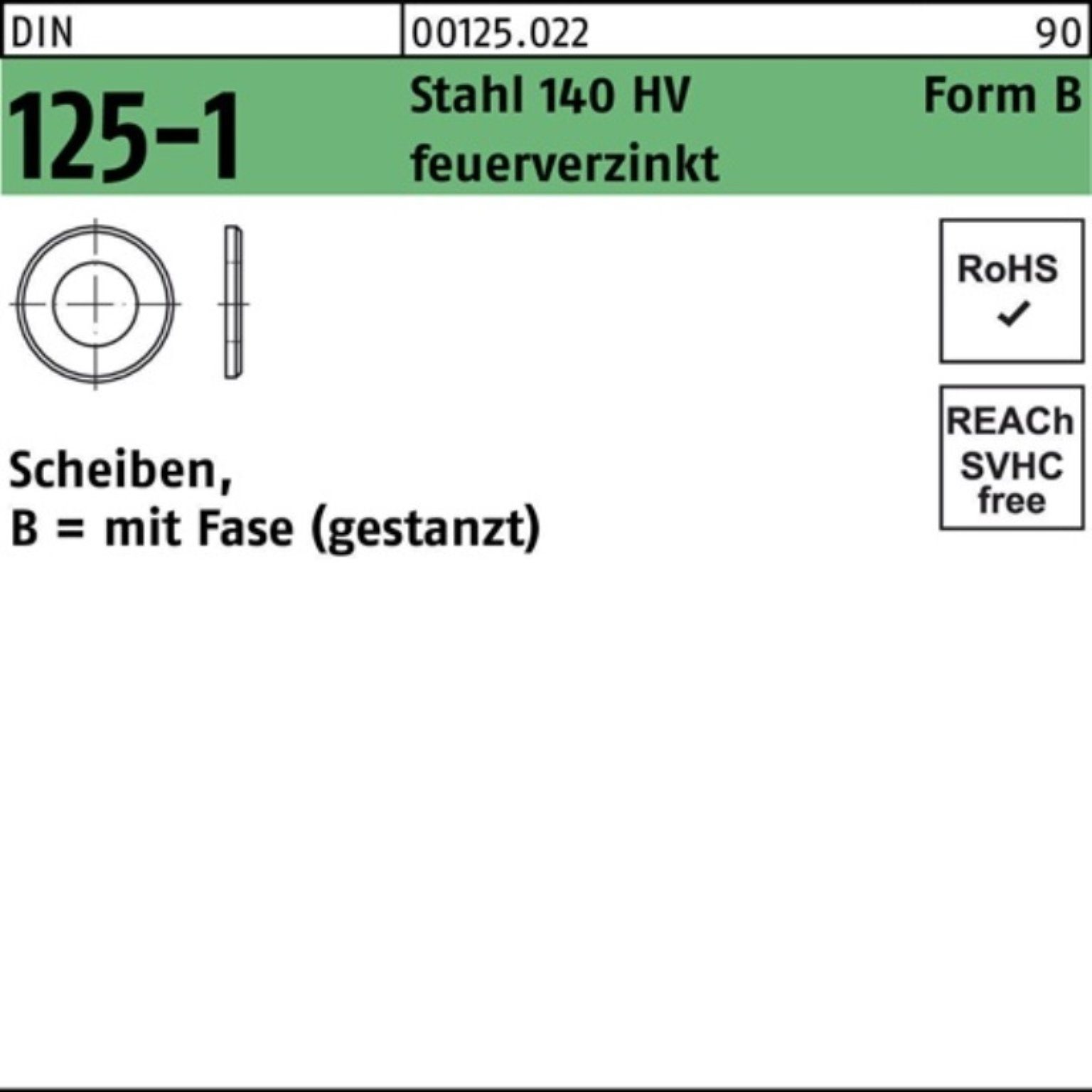 Reyher Unterlegscheibe 100er Pack Unterlegscheibe DIN 125-1 B 37x66x5 Stahl 140 HV feuerverz.