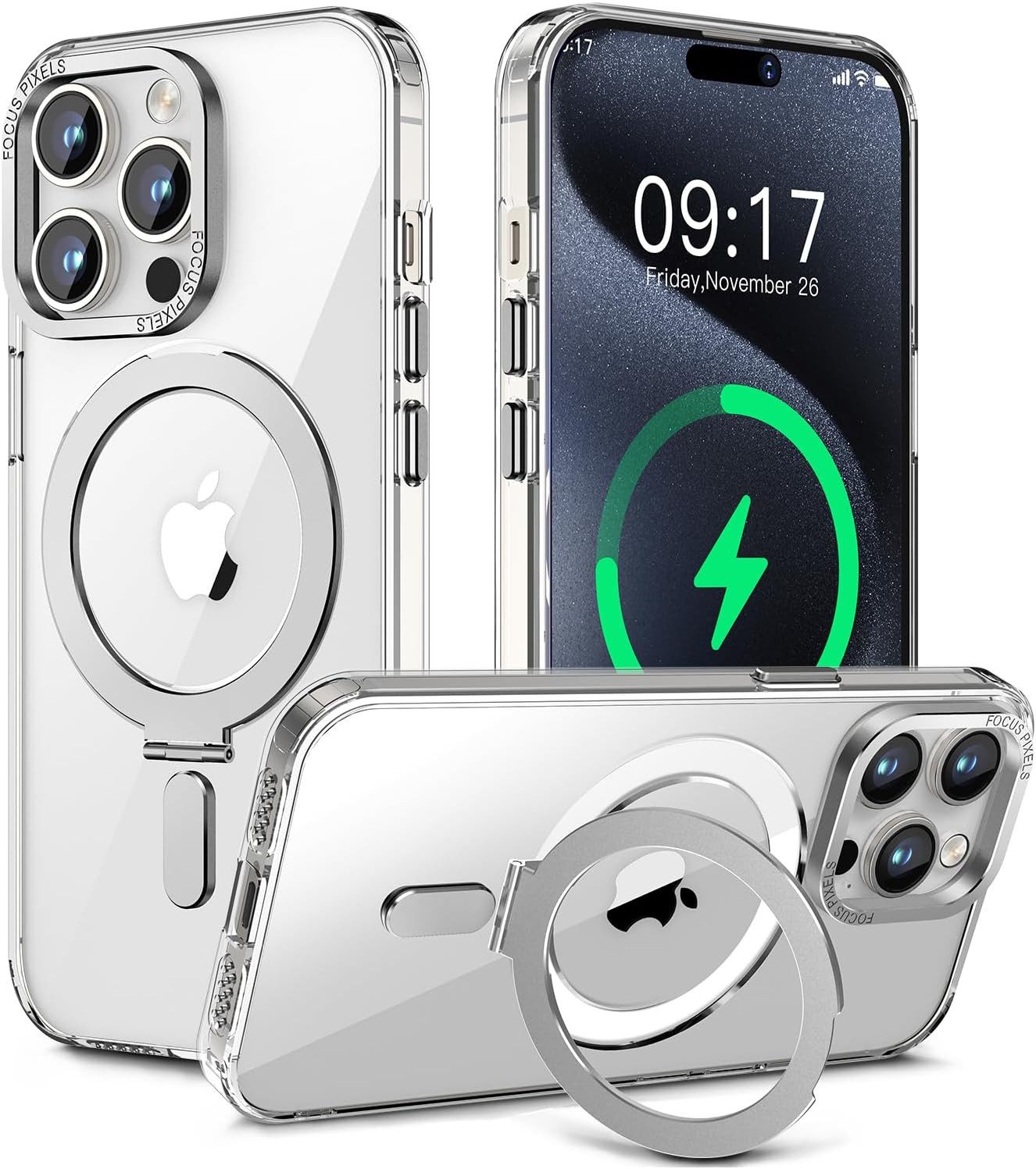 Vivitar Handyhülle iPhone 15 Pro Hülle mit MagSafe und Integriertem 9H Kameraschutz 15,5 cm (6,1 Zoll), 360° Magnet Ringständer, MagSafe kompatibel, Transparent und Dünn