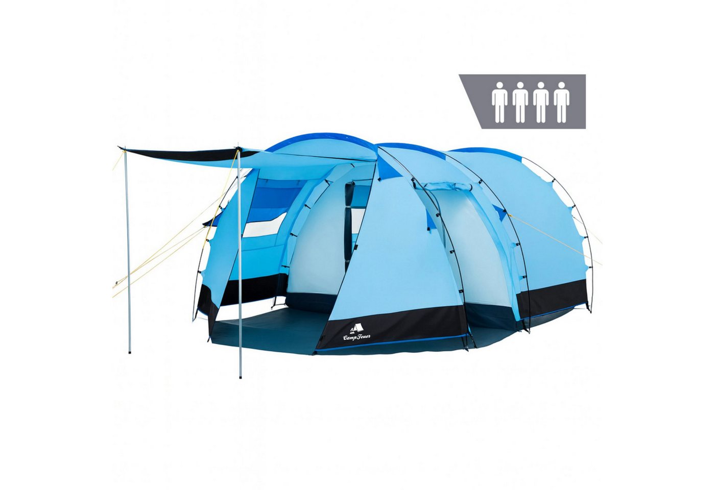 CampFeuer Tunnelzelt Zelt Super+ für 4 Personen, Blau / Schwarz, XXL Tunnelzelt mit 2 Eingä, Personen: 4