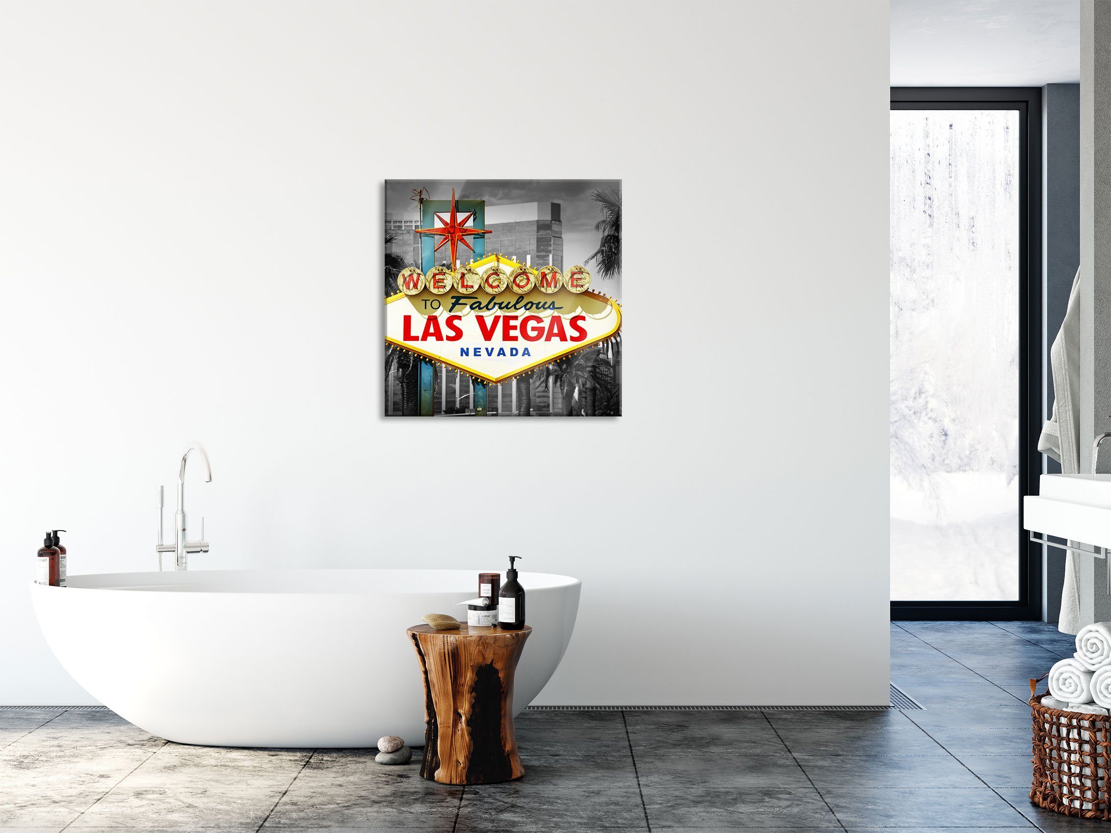 Pixxprint Glasbild aus Ortseingangsschild Vegas Aufhängungen St), Vegas, Abstandshalter Glasbild Ortseingangsschild Echtglas, Las und (1 inkl. Las