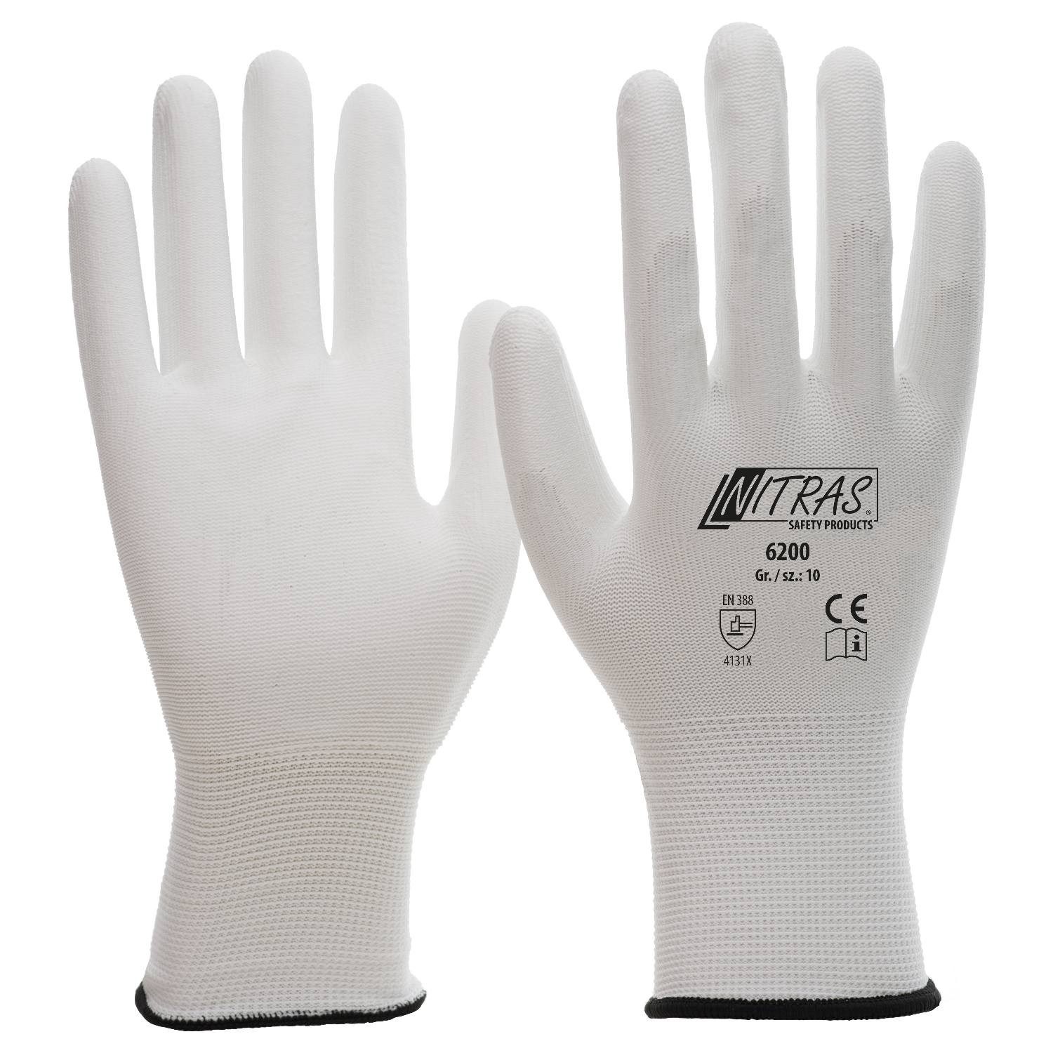 Nitras Рабочие перчатки 6200 Montagehandschuh Nylon Maler weiß PU Перчатки (Packung, 12-St., VPE= 12 Paar, Gr 6-11) Atmungsaktiv/hohe Tastempfindlichkeit
